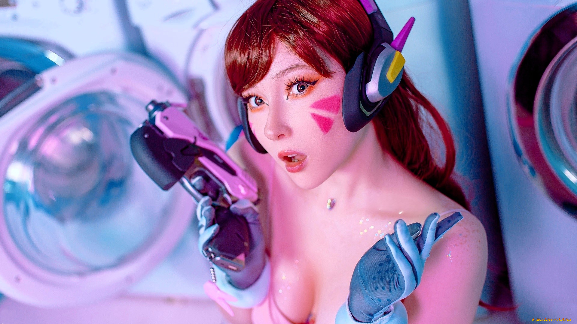 девушки, visagefox, образ, косплей, наряд, стиральная, машинка, наушник, пистолет