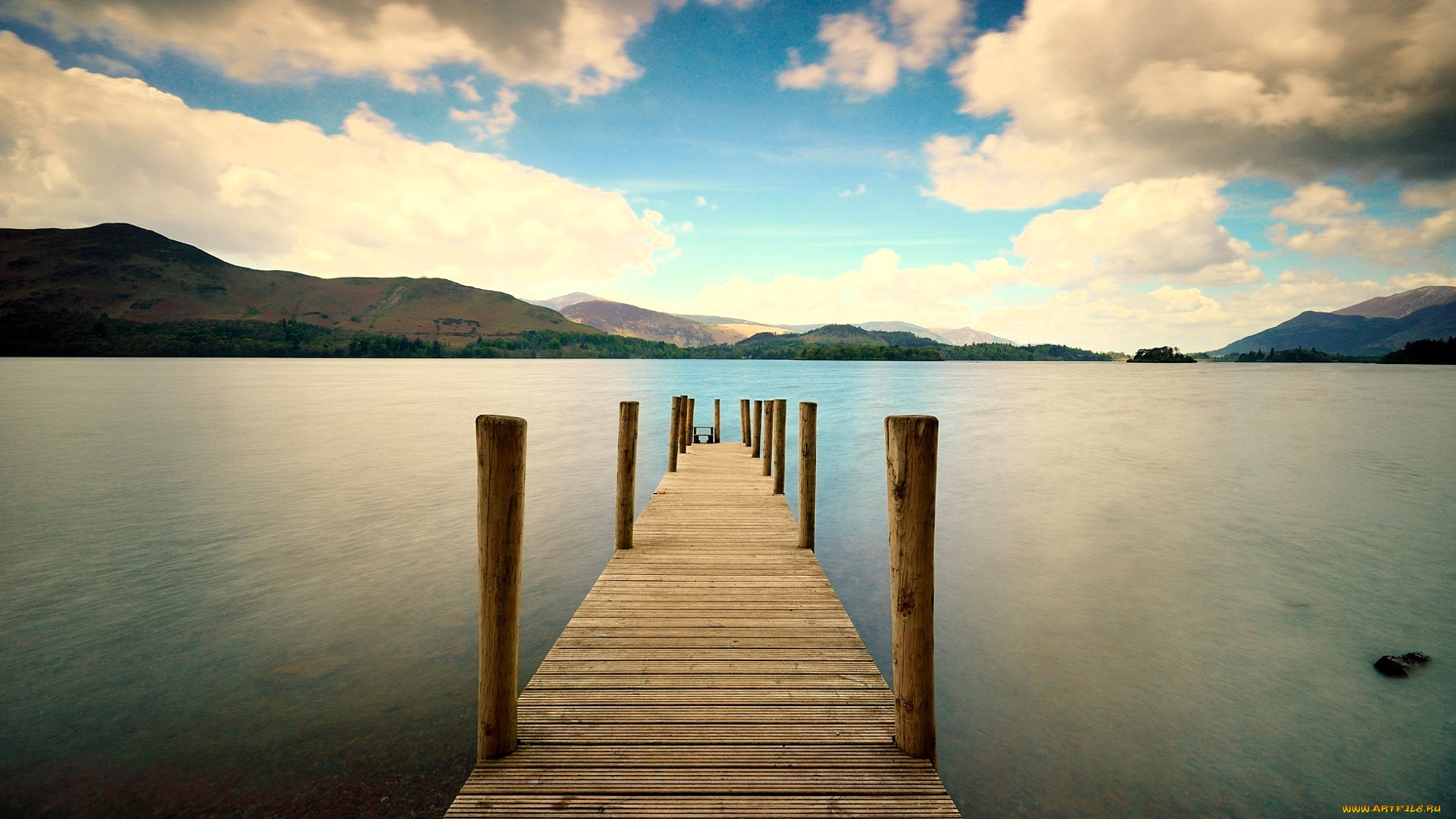 природа, реки, озера, облака, горы, озеро, причал