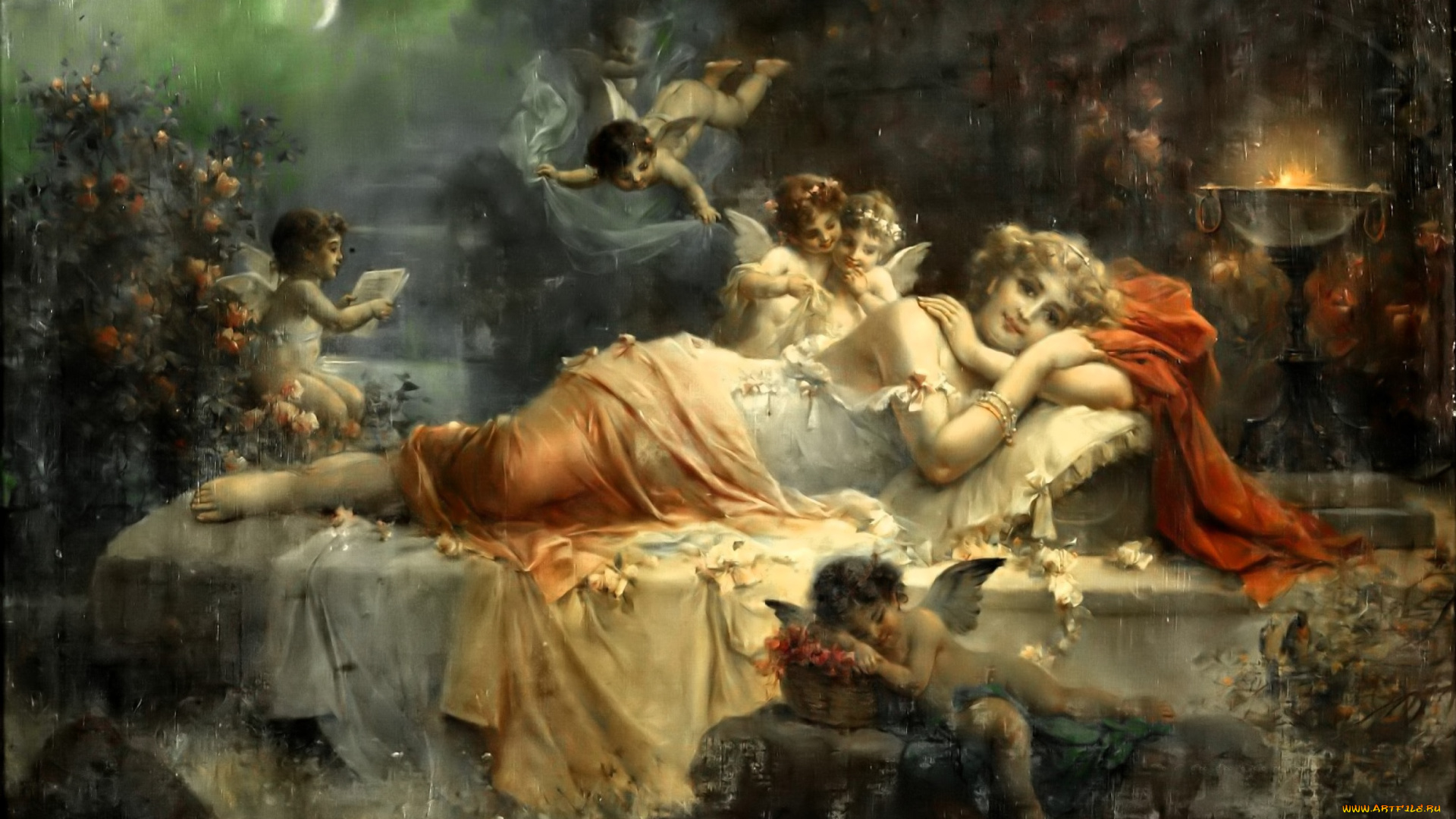 рисованное, hans, zatzka, женщина, ложе, ангелы, цветы