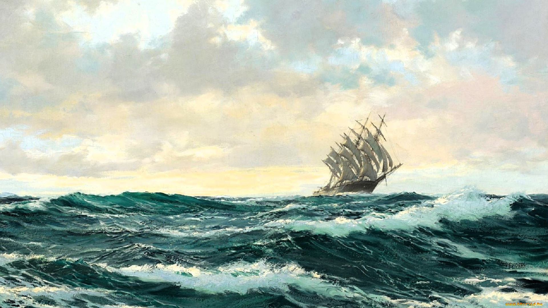 рисованное, montague, dawson, море, парусник, корабль, тучи