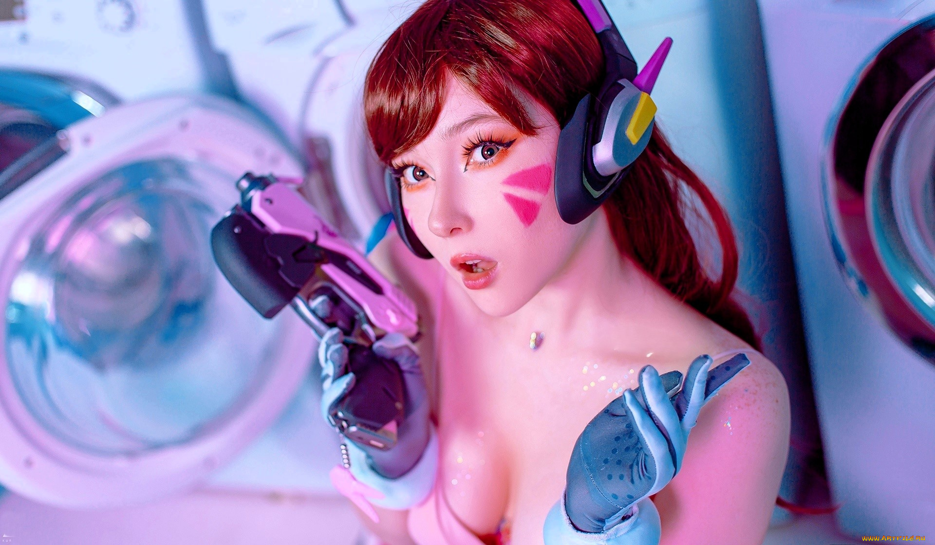 девушки, visagefox, образ, косплей, наряд, стиральная, машинка, наушник, пистолет