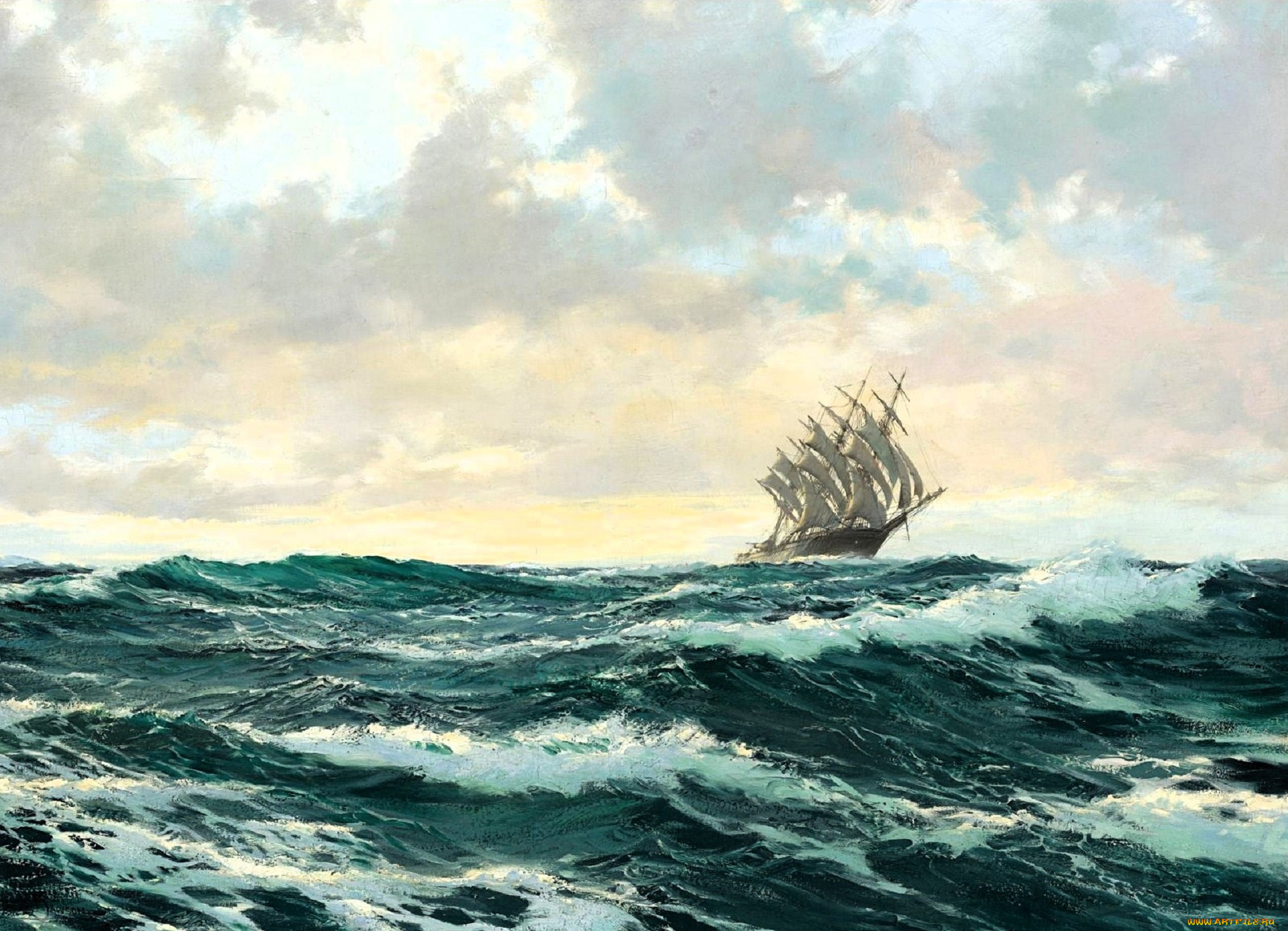 рисованное, montague, dawson, море, парусник, корабль, тучи