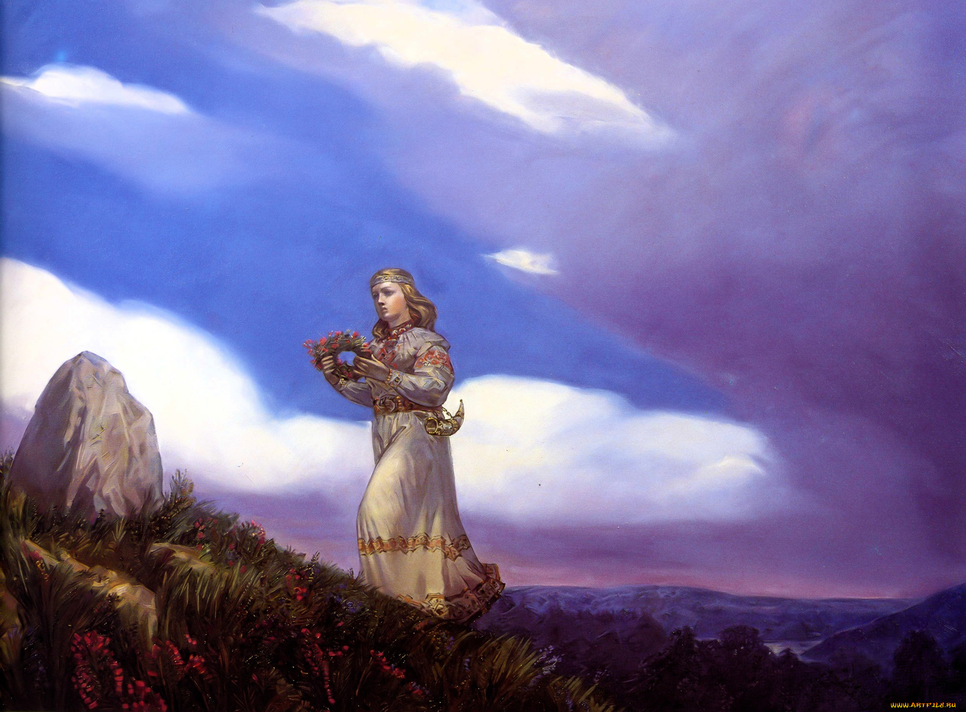 андрей, клименко, рисованное, девушка, венок, камень, тучи