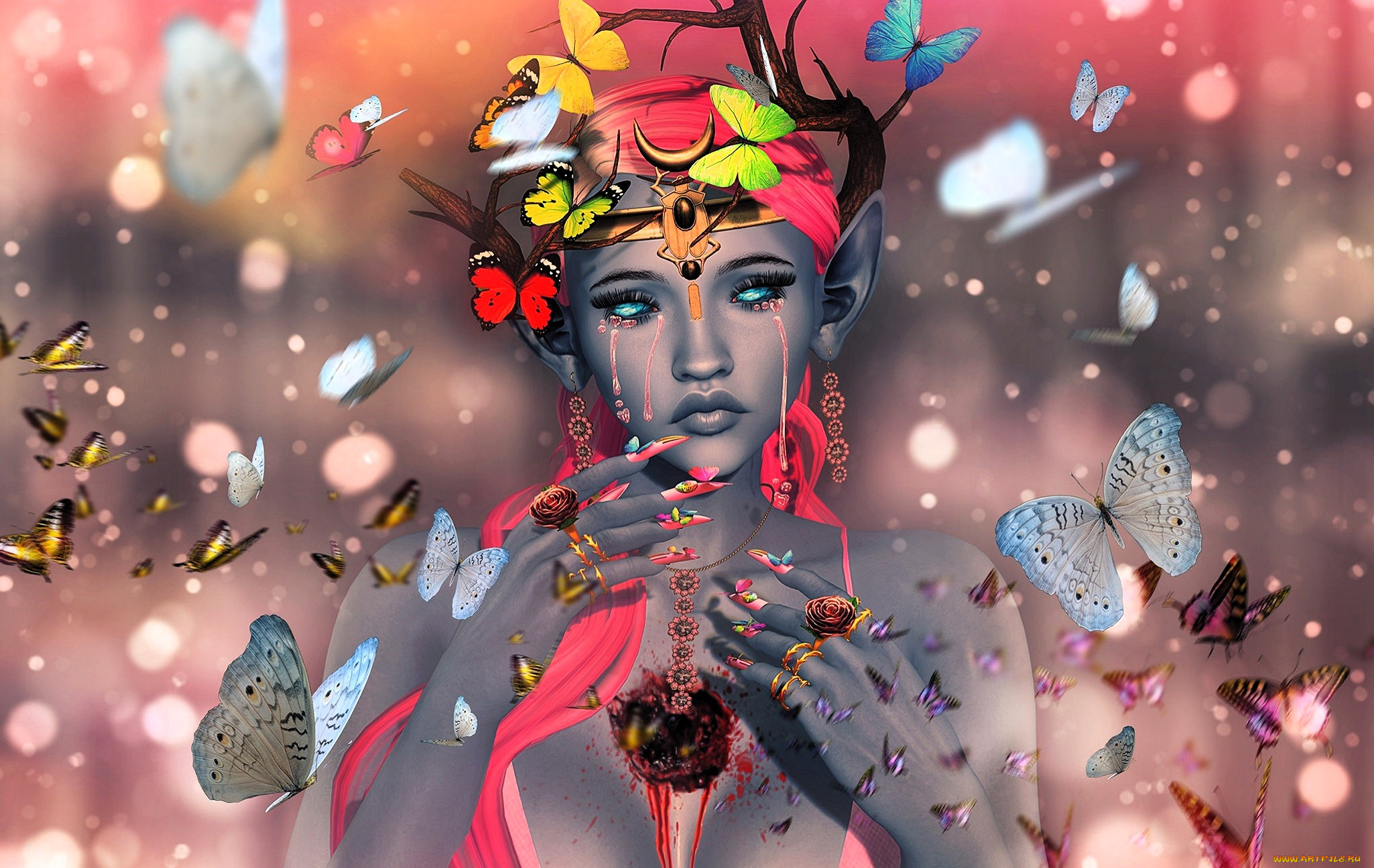 3д, графика, эльфы, , elves, девушка, рога, бабочки, дыра, слезы, украшения