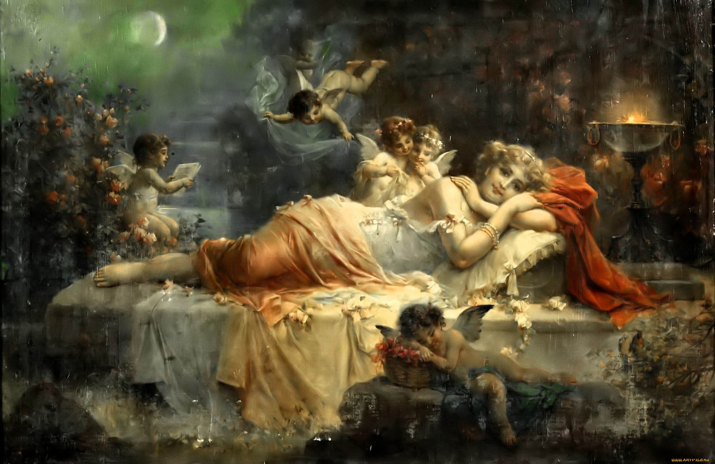 рисованное, hans, zatzka, женщина, ложе, ангелы, цветы