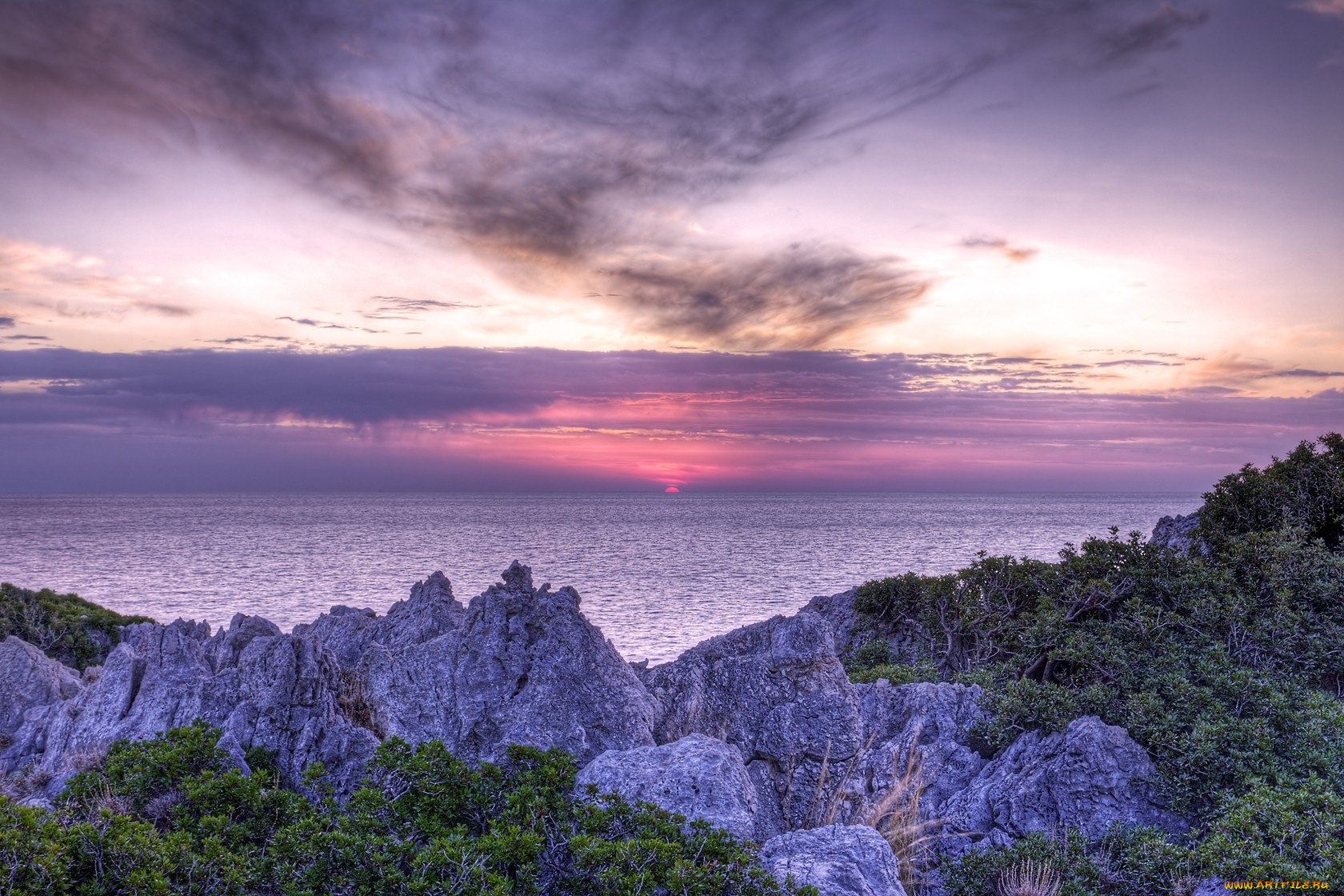 природа, восходы, закаты, сиреневый, вода, солнце, камни