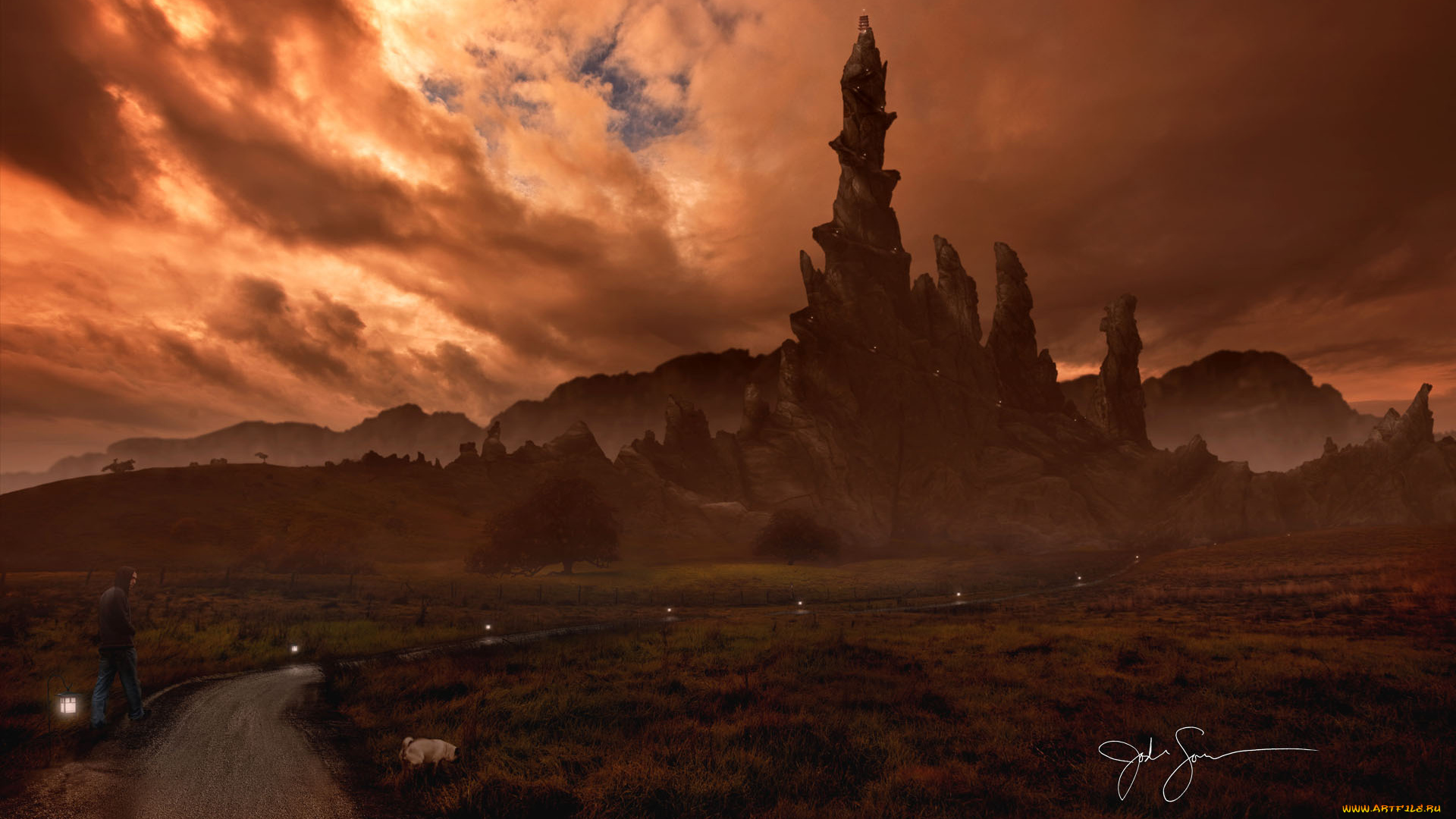 фэнтези, иные, миры, времена, горы, облака, собака, мужчина