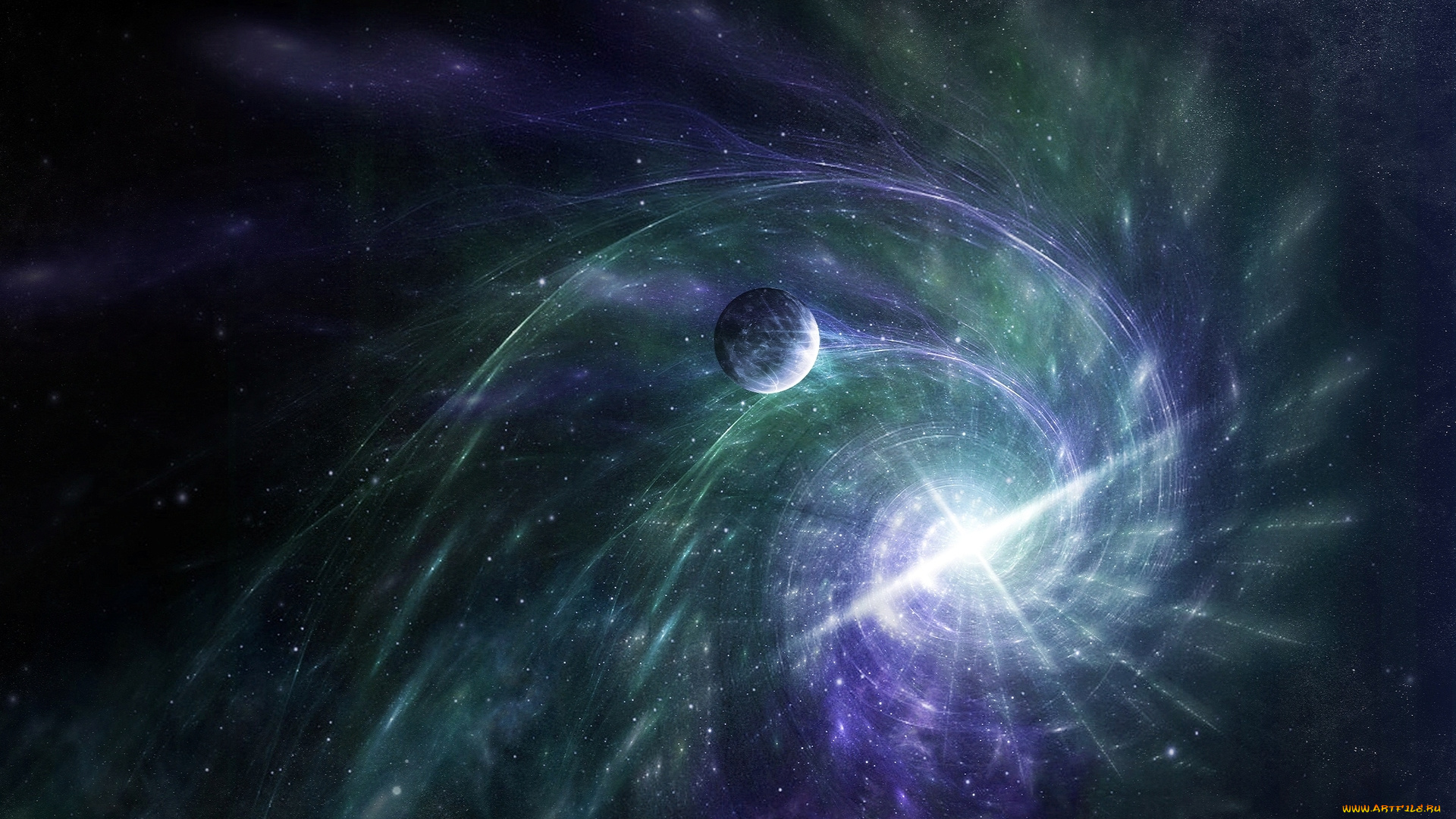 космос, арт, звезды, спираль, планета, свет