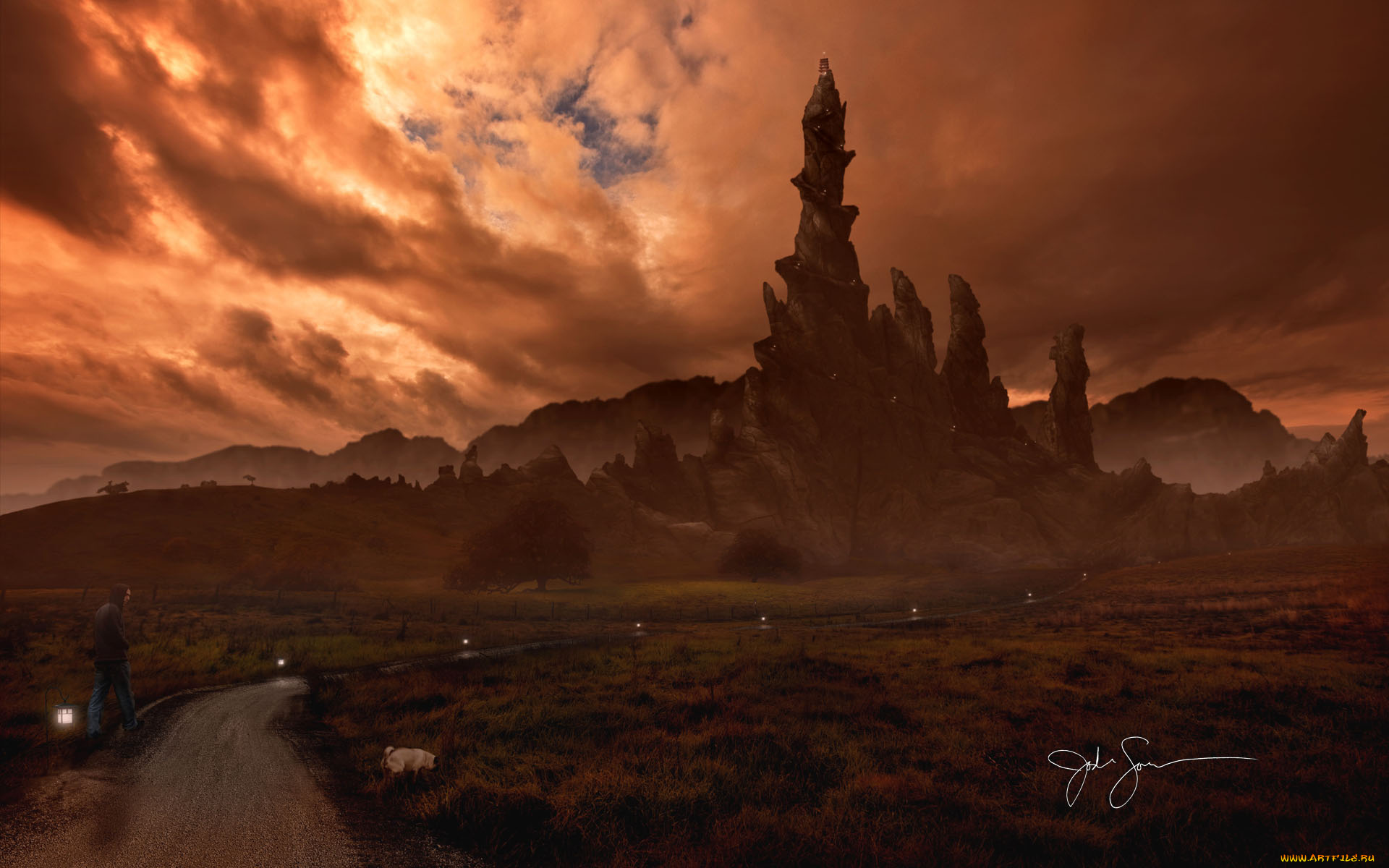 фэнтези, иные, миры, времена, горы, облака, собака, мужчина