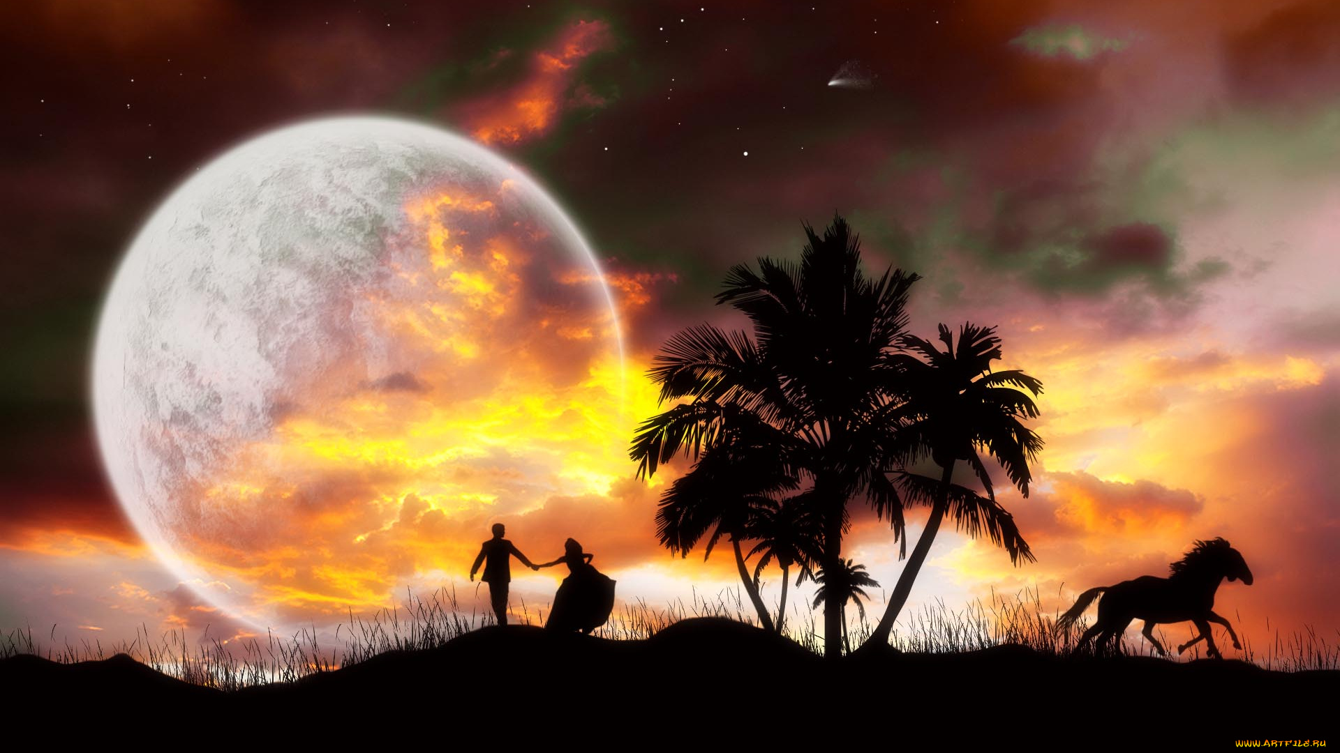 3д, графика, atmosphere, mood, атмосфера, настроения, небо, звезды, комета, ночь, луна, пальмы, фигуры