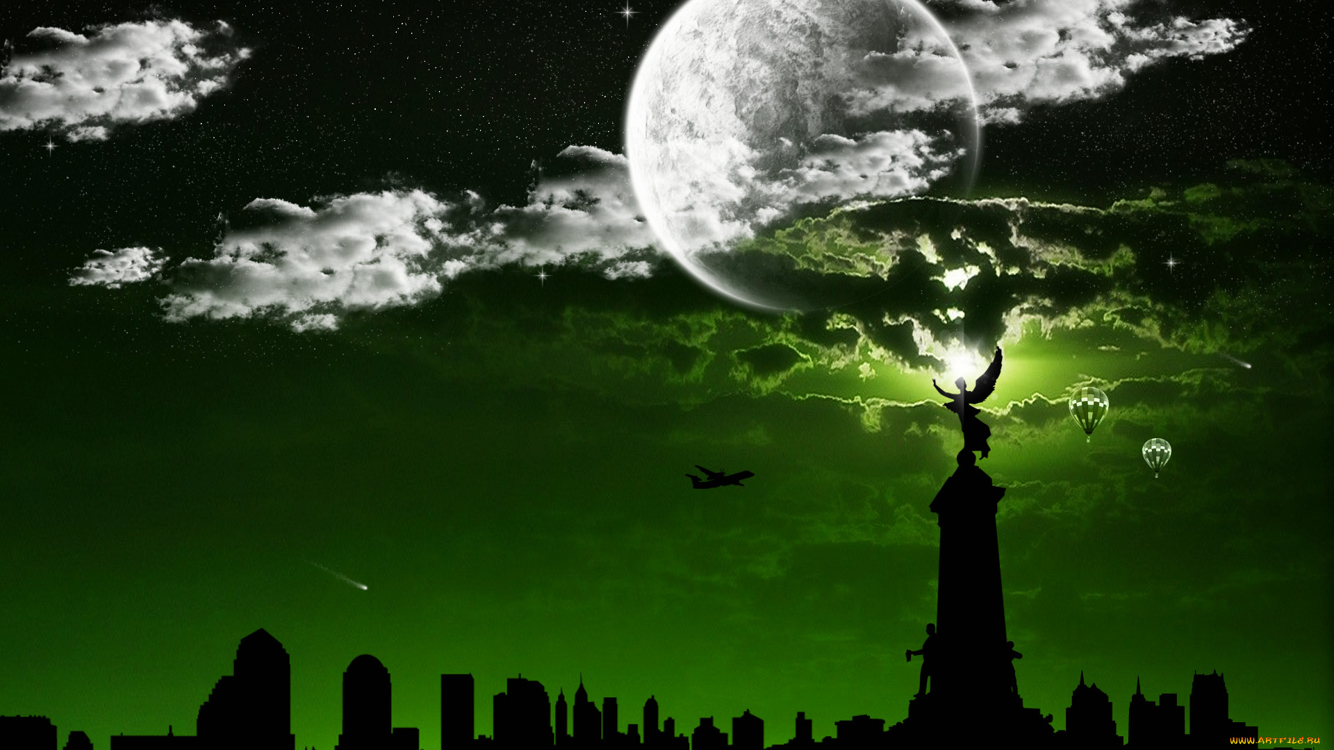 3д, графика, atmosphere, mood, атмосфера, настроения, шары, монумент, тучи, город, ночь, самолет, луна