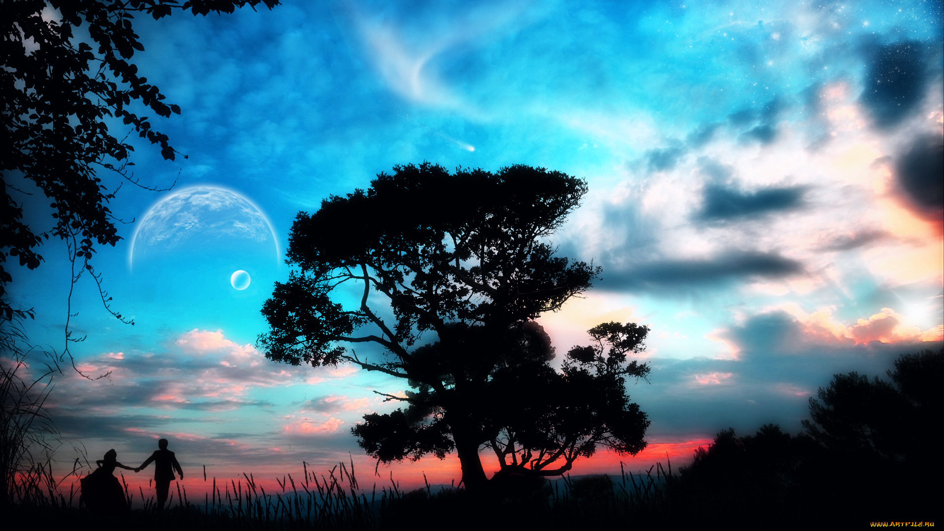 3д, графика, atmosphere, mood, атмосфера, настроения, звезды, планеты, небо, дерево, трава, силуэты