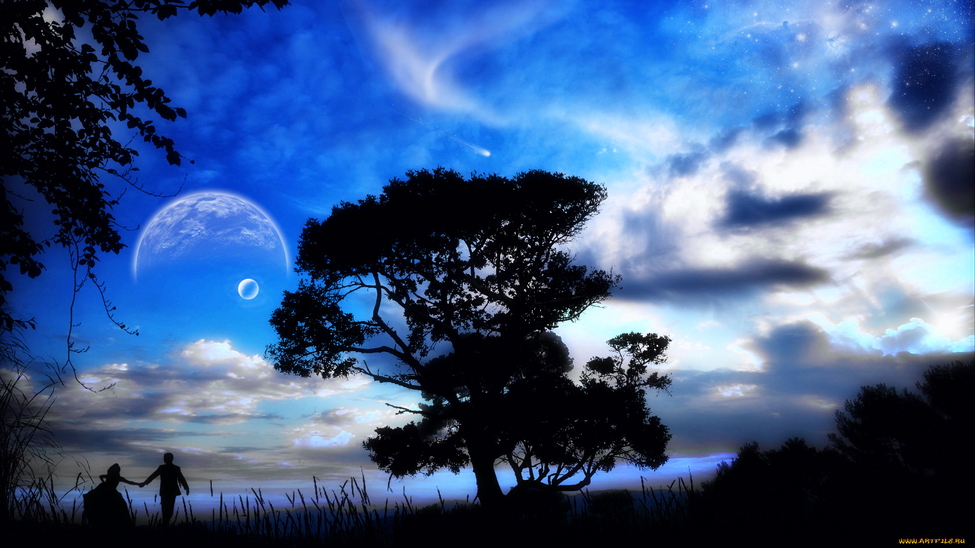 3д, графика, atmosphere, mood, атмосфера, настроения, планеты, небо, звезды, силуэты, дерево, трава