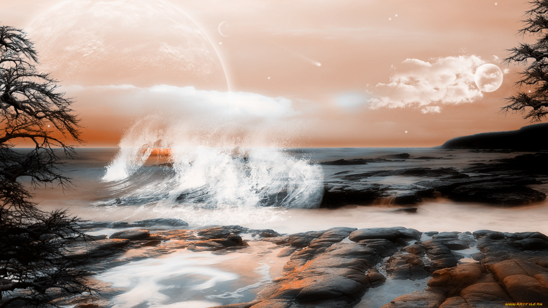 3д, графика, atmosphere, mood, атмосфера, настроения, волна, тучи, планеты, камни, океан, берег, прибой, брызги