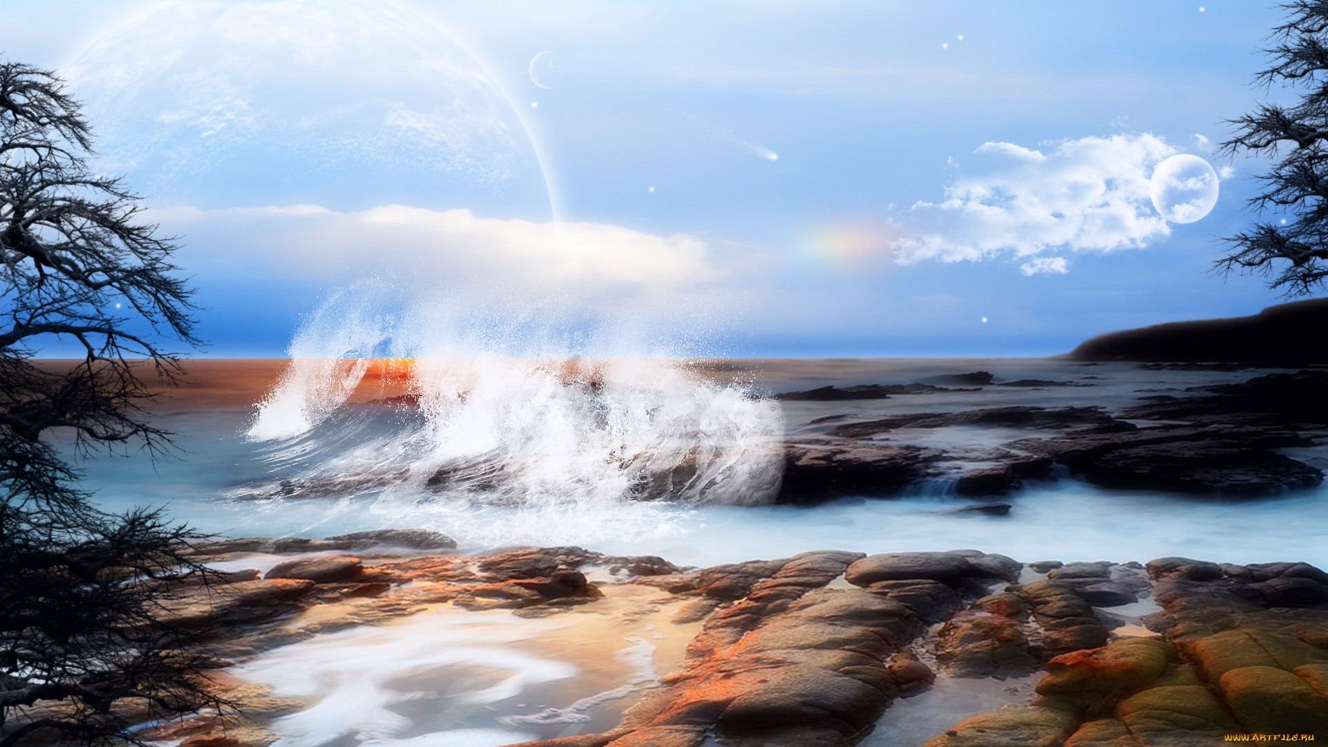 3д, графика, atmosphere, mood, атмосфера, настроения, волна, камни, берег, планеты, тучи, прибой, брызги, океан