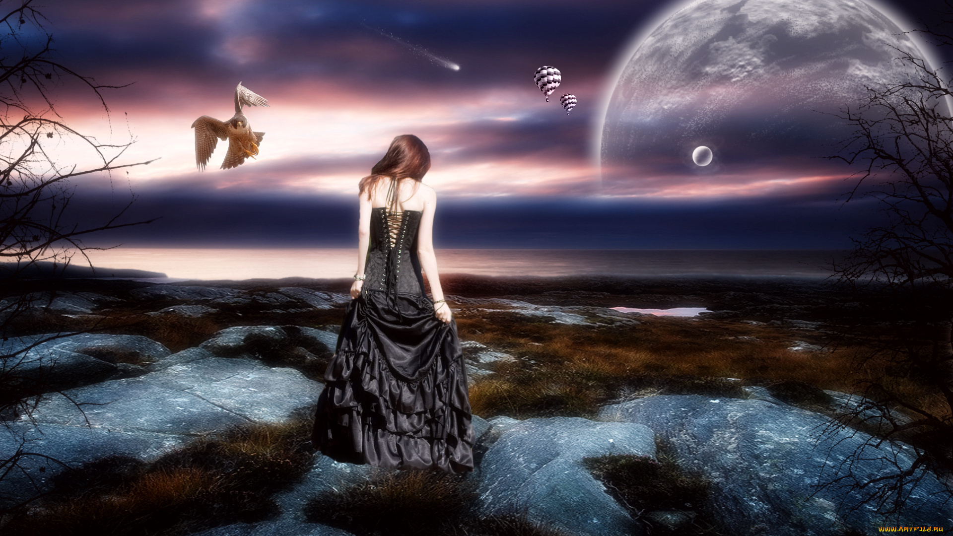 3д, графика, atmosphere, mood, атмосфера, настроения, птица, берег, камни, девшка, свет, тучи, планеты, комета, океан