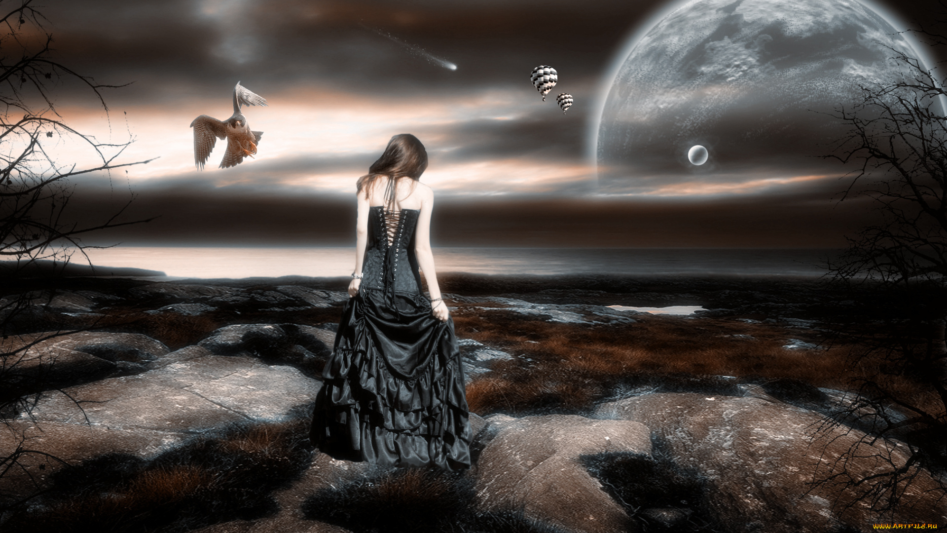 3д, графика, atmosphere, mood, атмосфера, настроения, берег, океан, камни, девшка, свет, тучи, планеты, комета, птица