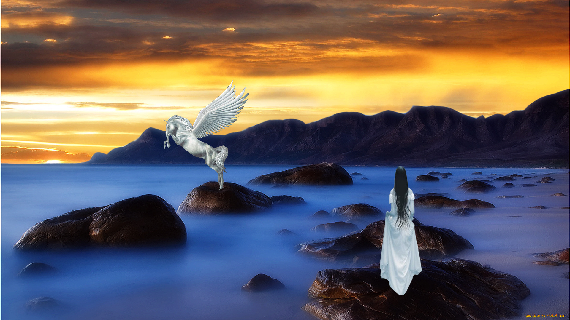 3д, графика, fantasy, фантазия, свет, пегас, берег, камни, девушка, океан