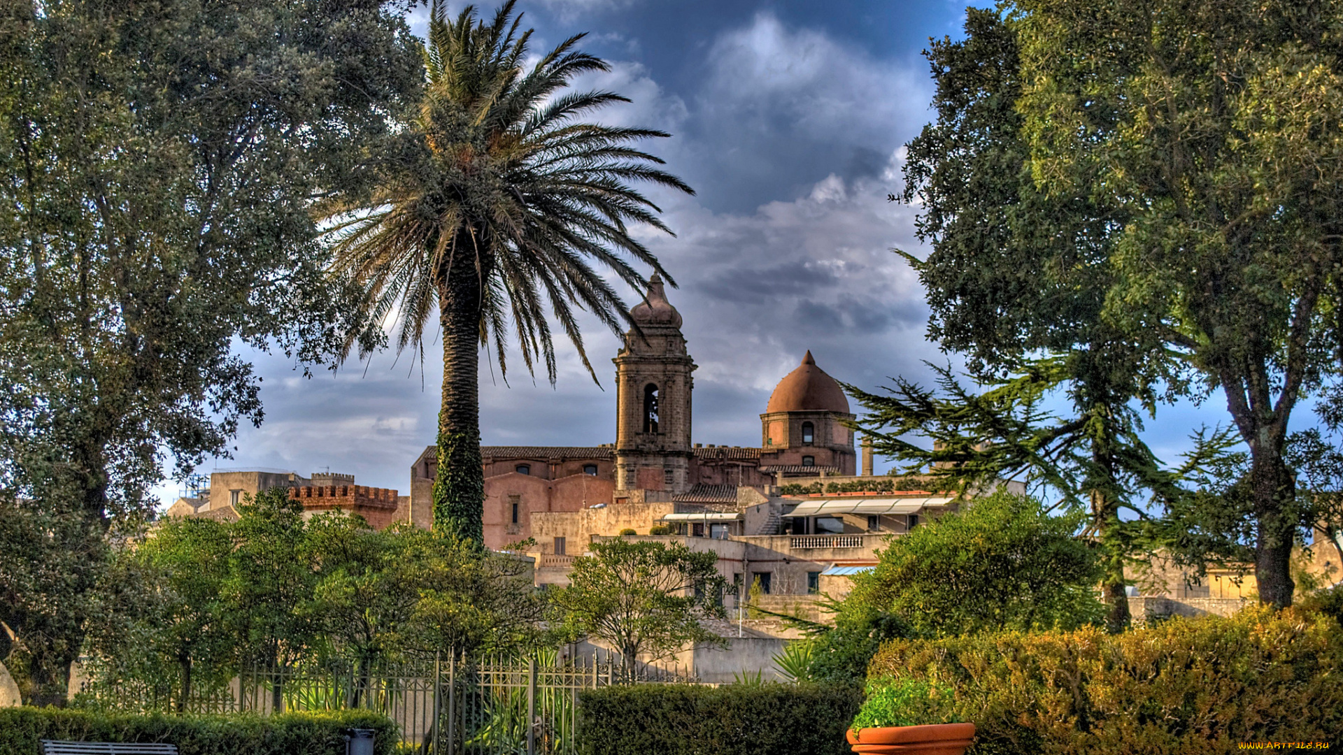 church, of, san, giuliano, erice, sicily, italy, города, католические, соборы, костелы, аббатства, эриче, скамейка, забор, церковь, деревья, вазон, италия, сицилия