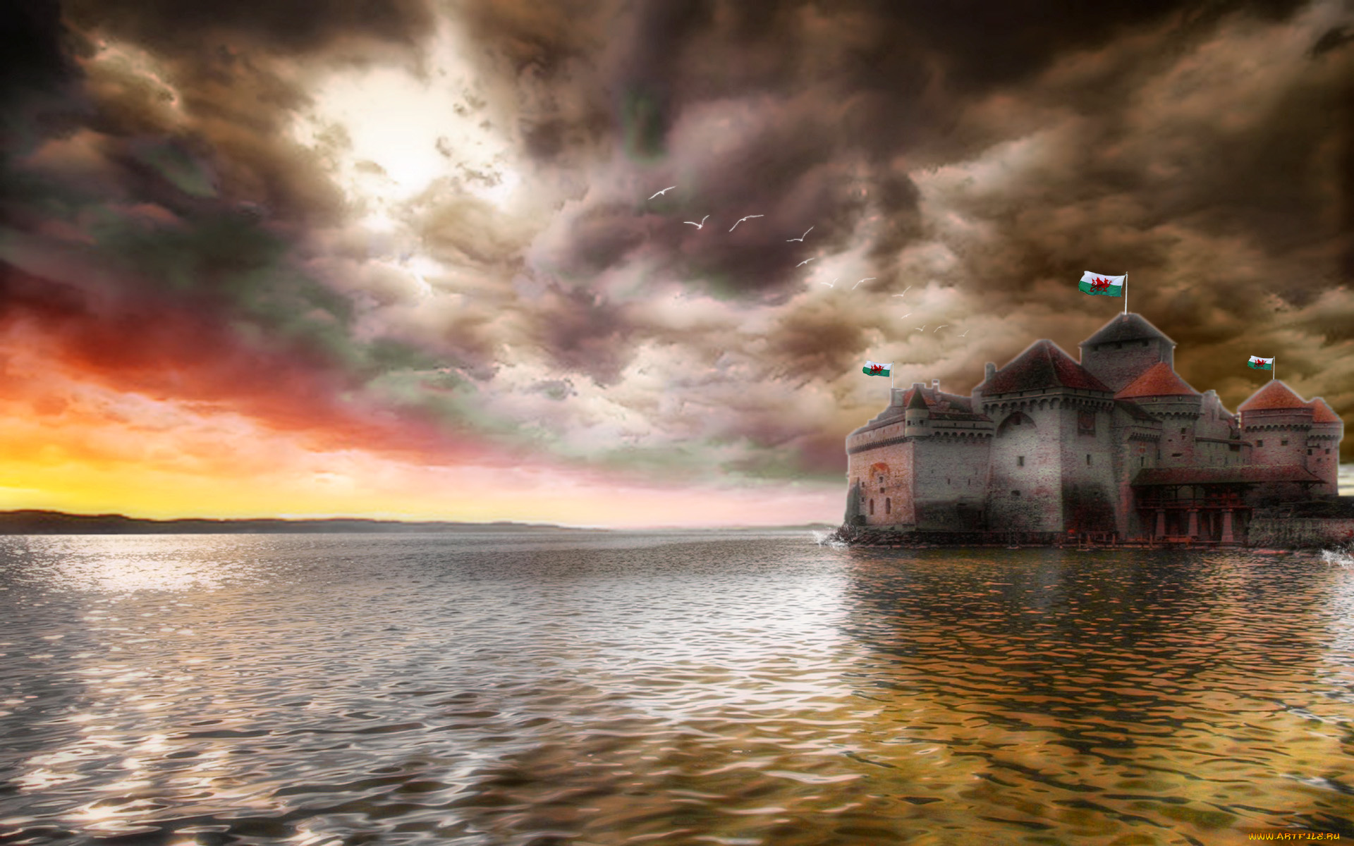 3д, графика, architecture, архитектура, крепость, птицы, тучи, горизонт, озеро
