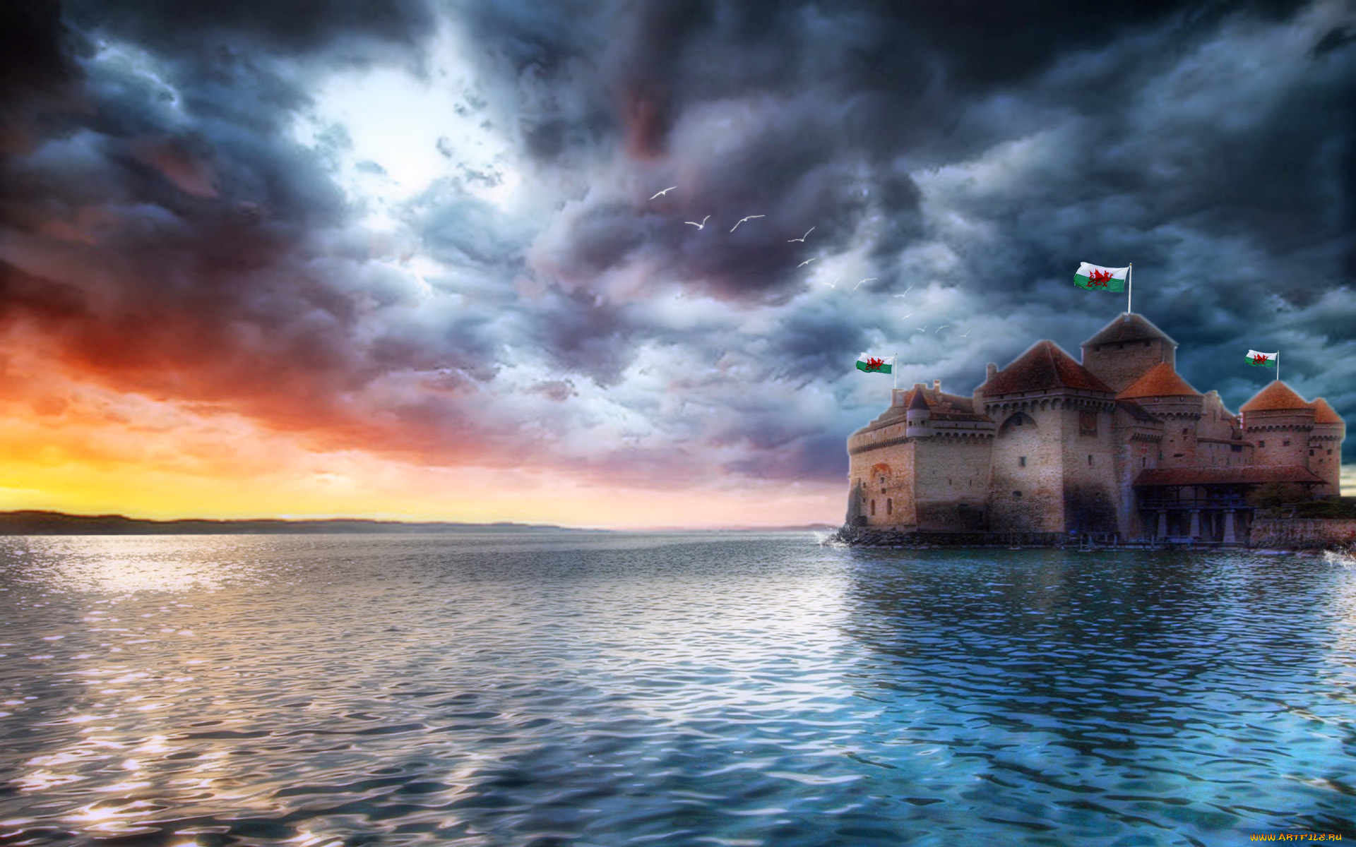 3д, графика, architecture, архитектура, тучи, горизонт, крепость, птицы, озеро