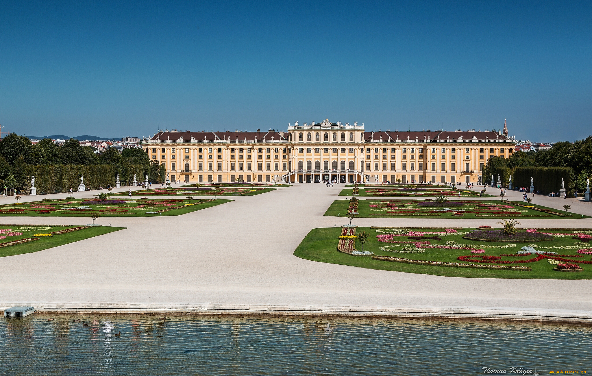 schonbrunn, palace, vienna, austria, города, вена, австрия, вода, статуи, клумбы, дворец, шёнбрунн