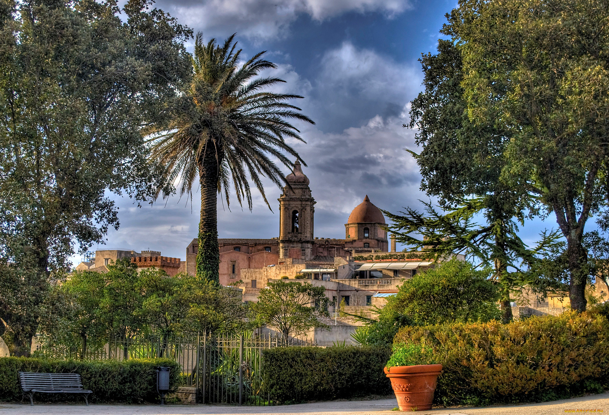 church, of, san, giuliano, erice, sicily, italy, города, католические, соборы, костелы, аббатства, эриче, скамейка, забор, церковь, деревья, вазон, италия, сицилия