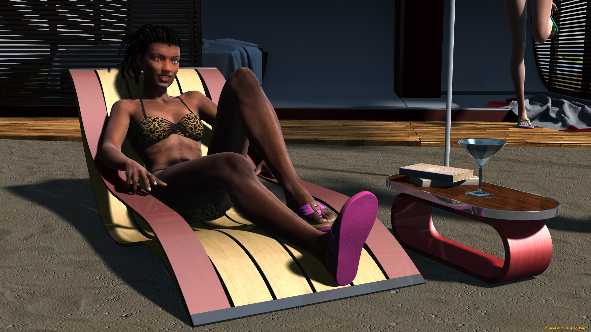 3д, графика, люди, , people, купальник, взгляд, столик, бокал, шезлонг, девушка
