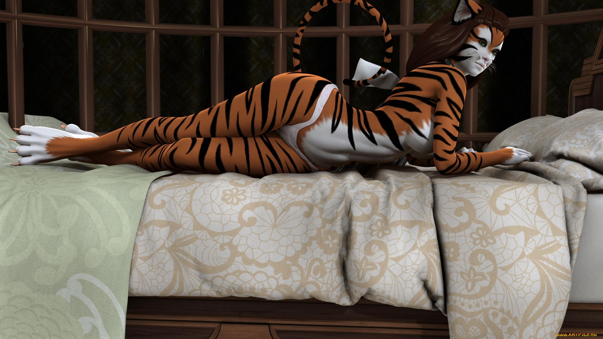 3д, графика, существа, , creatures, взгляд, тигрица, уши, хвост, полосы, кровать, подушки