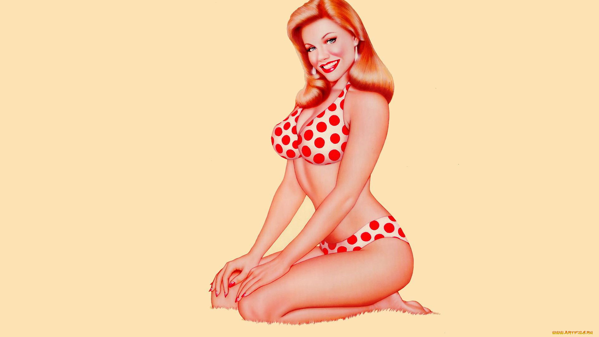 connie, рисованные, carlos, cartagena, купальник, улыбка, пин-ап, рыжеволосая, девушка