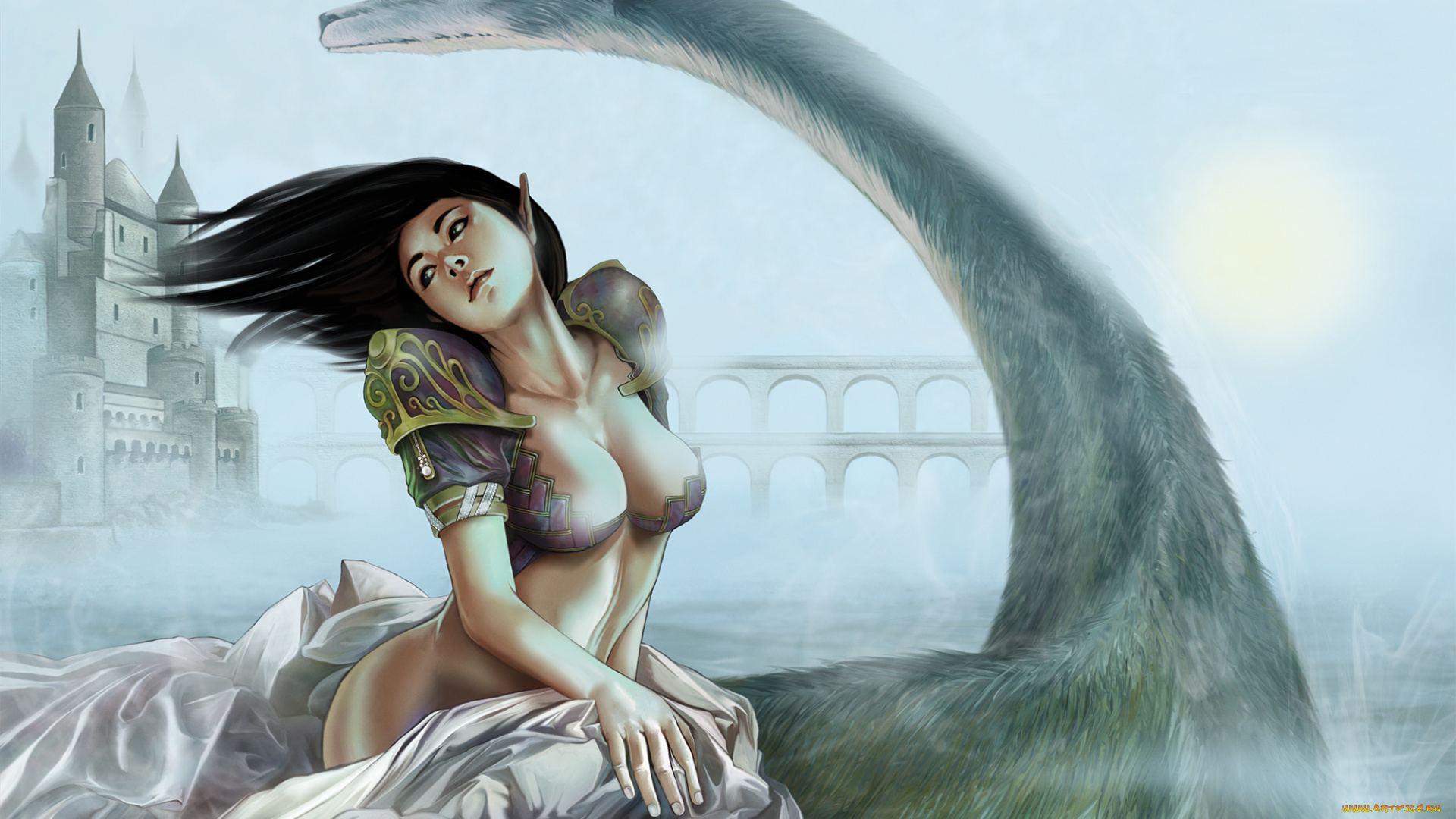 фэнтези, эльфы, замок, существо, эльф, девушка, акведук