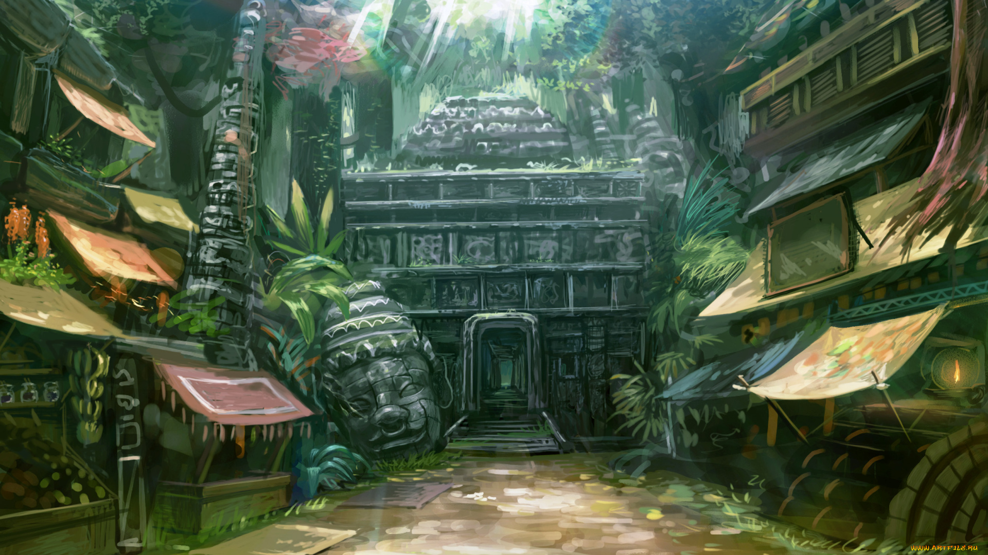 фэнтези, иные, миры, , иные, времена, деревня, джунгли, божество, голова, храм, языческий