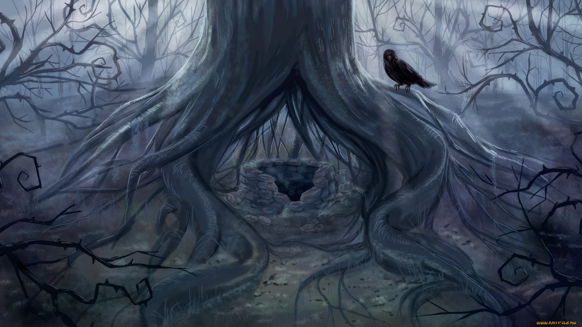 рисованные, животные, , птицы, колодец, дерево, ворона