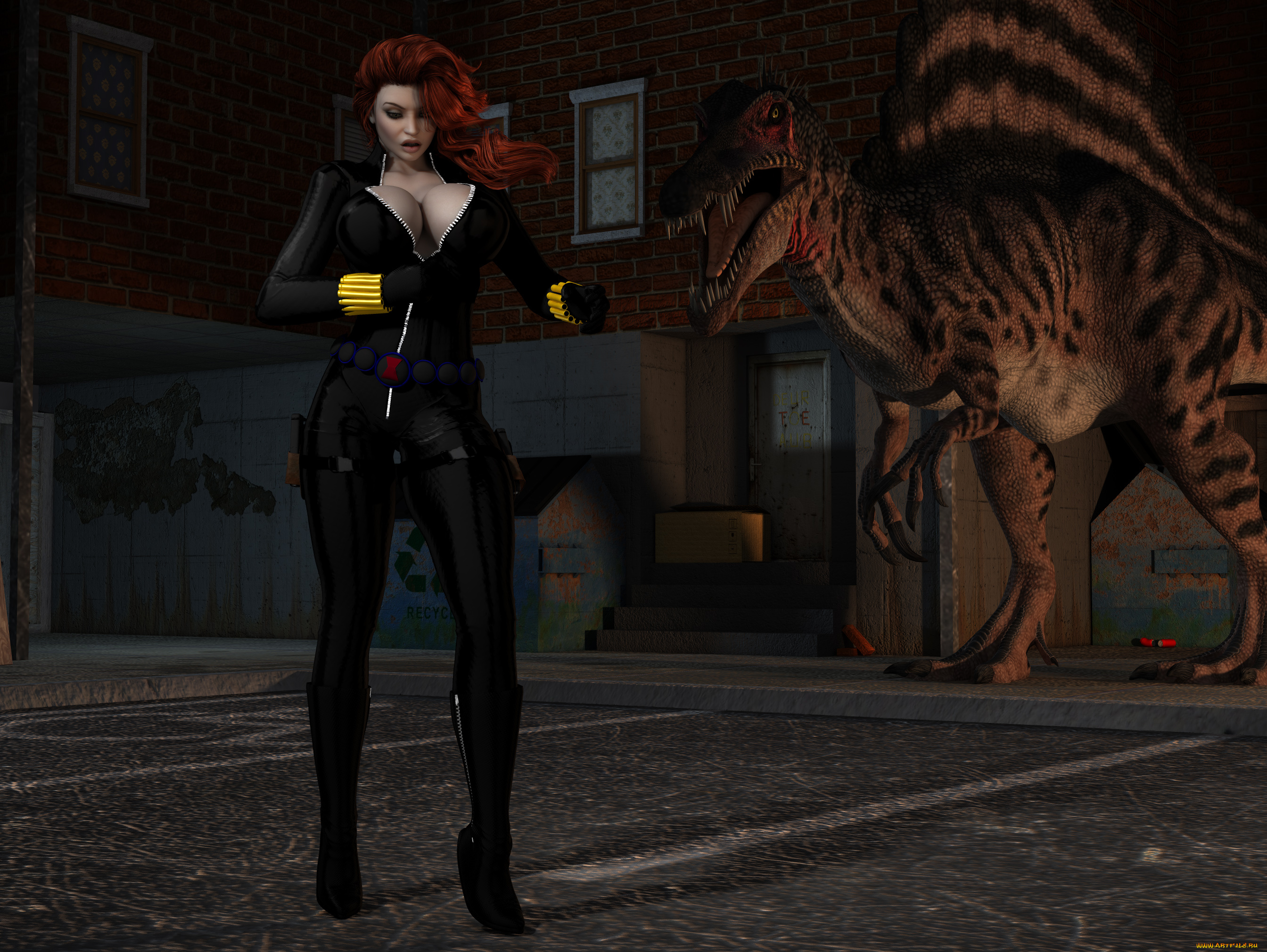 3д, графика, фантазия, , fantasy, динозавр, рыжая, взгляд, девушка