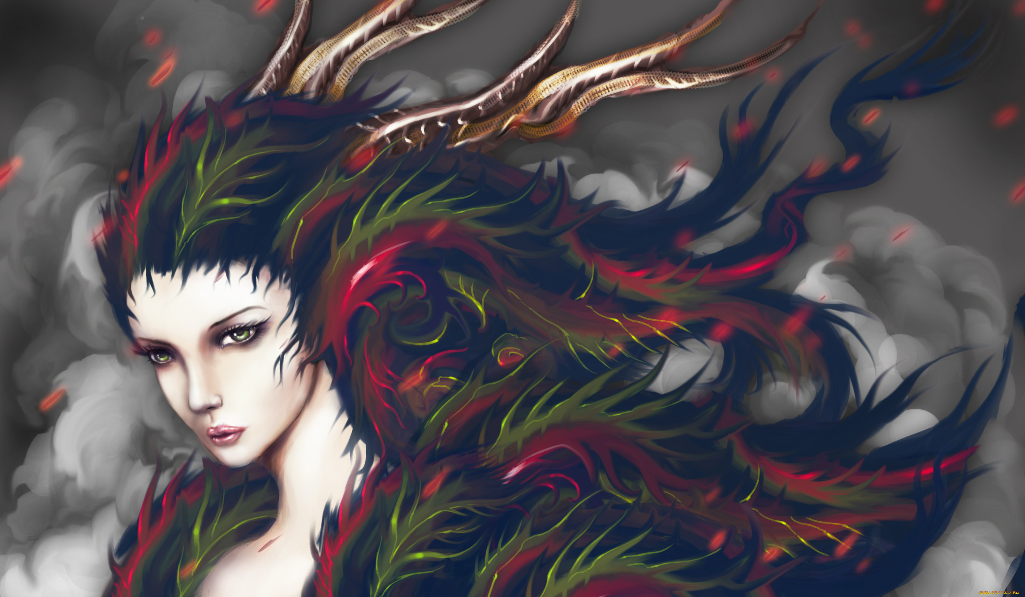 фэнтези, существа, дым, девушка, арт, art