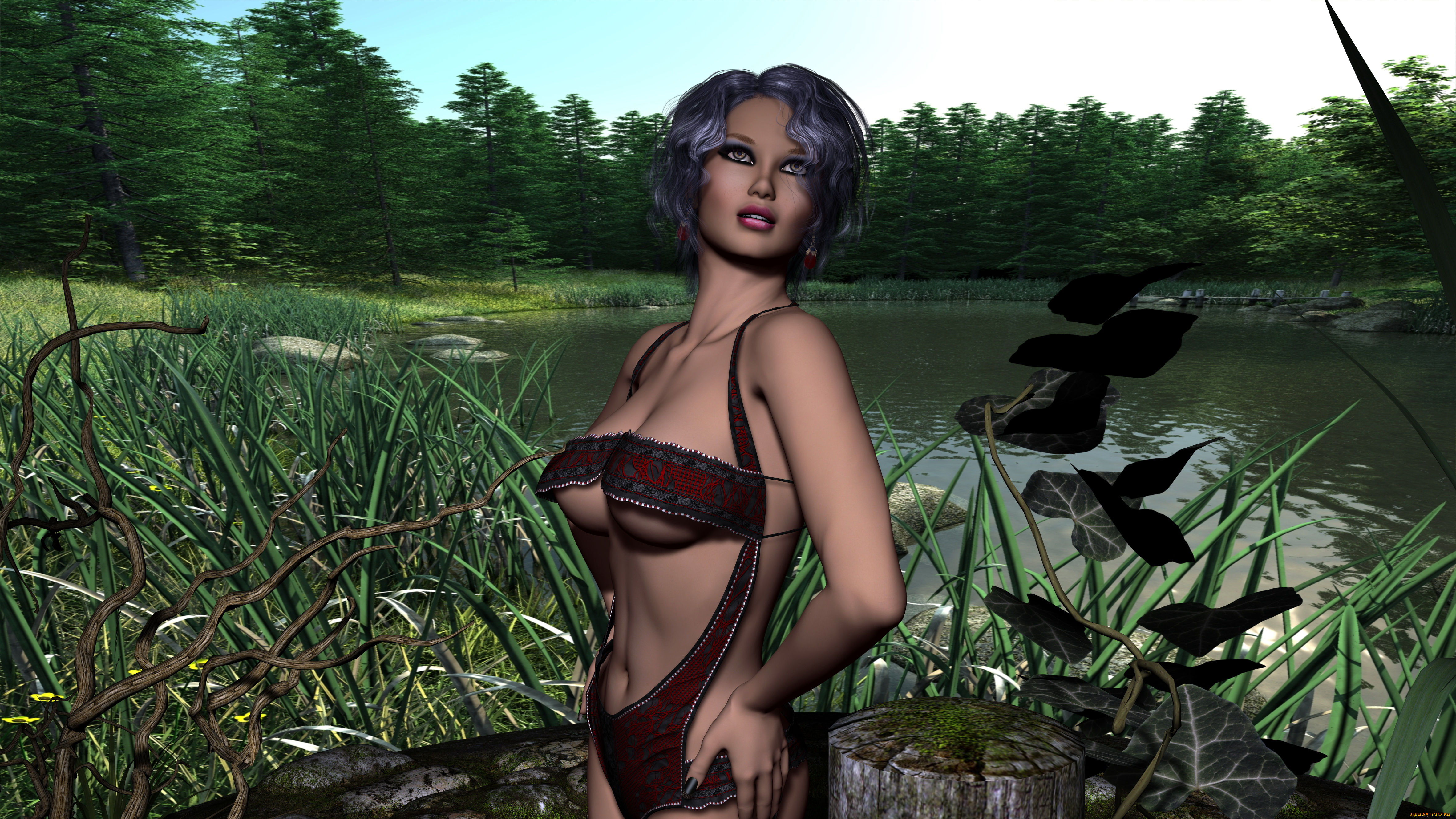 3д, графика, люди, , people, девушка, природа, озеро, купальник, взгляд