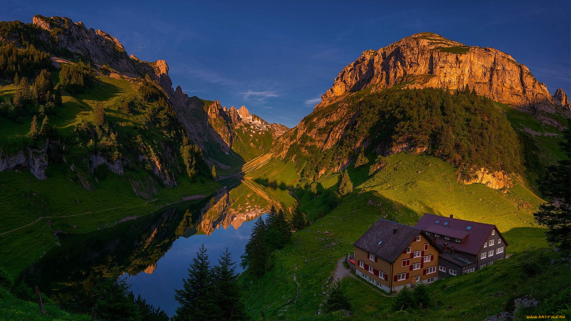 природа, горы, дом, озеро