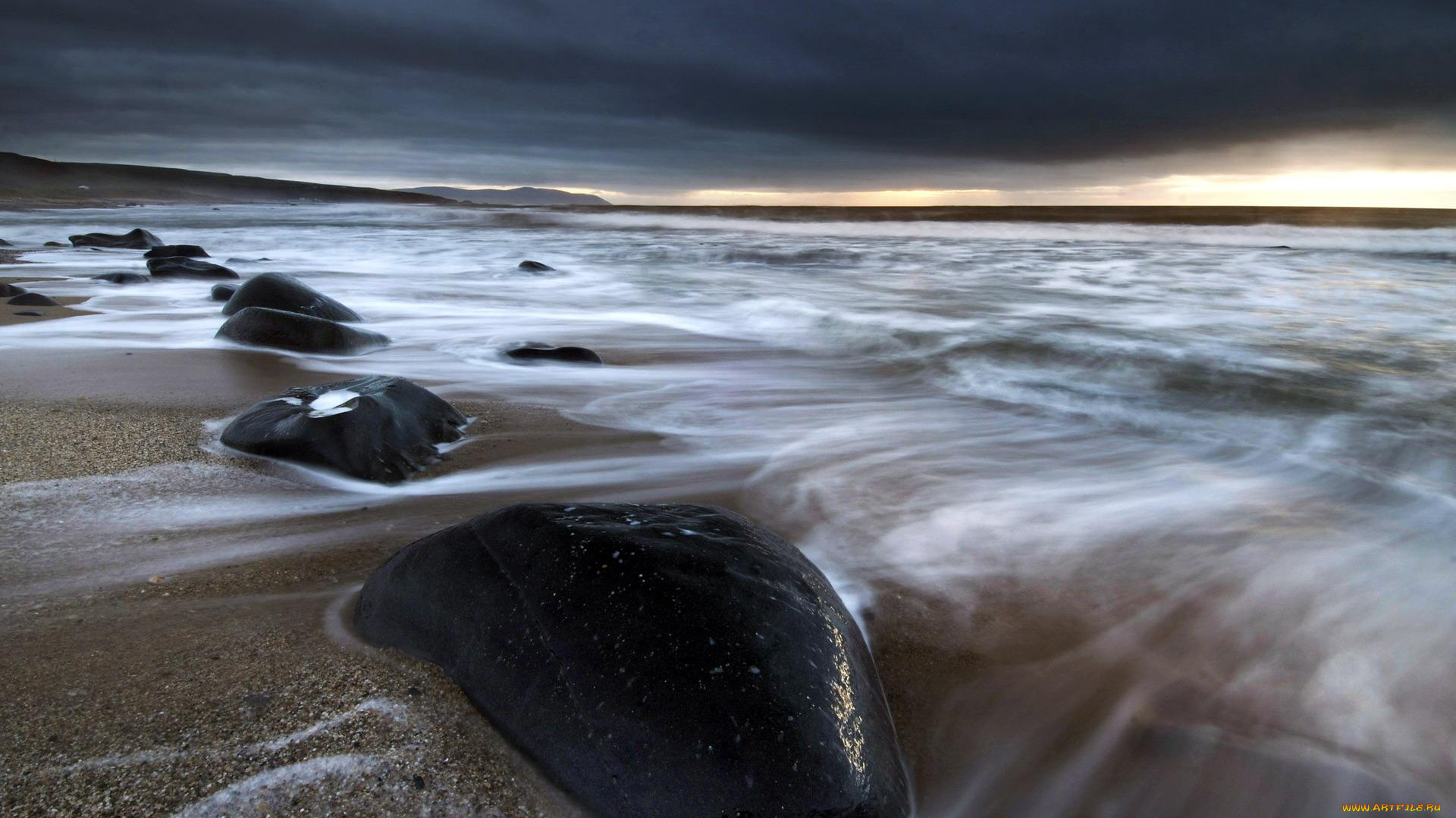 природа, побережье, прибой, камни, берег, тучи, море, волны