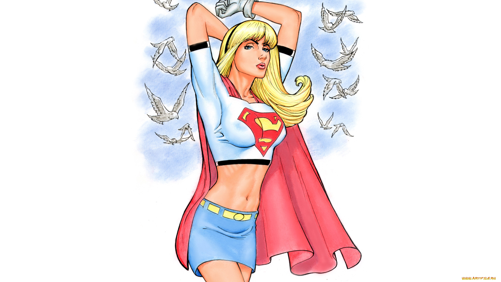 рисованное, комиксы, фон, девушка, взгляд, голубь, униформа