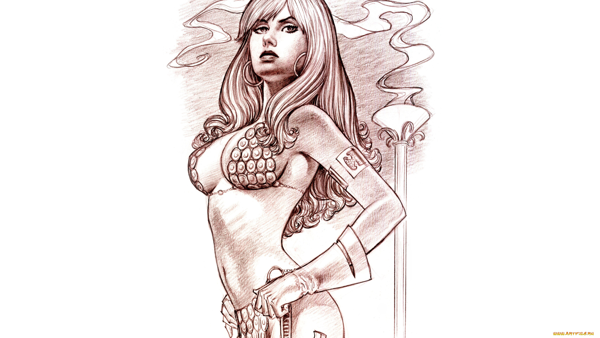 рисованное, комиксы, фон, меч, девушка, взгляд, скетч, кольчуга