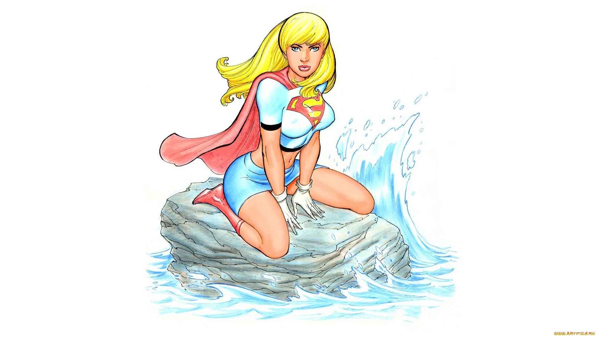 рисованное, комиксы, волна, взгляд, камень, униформа, фон, девушка