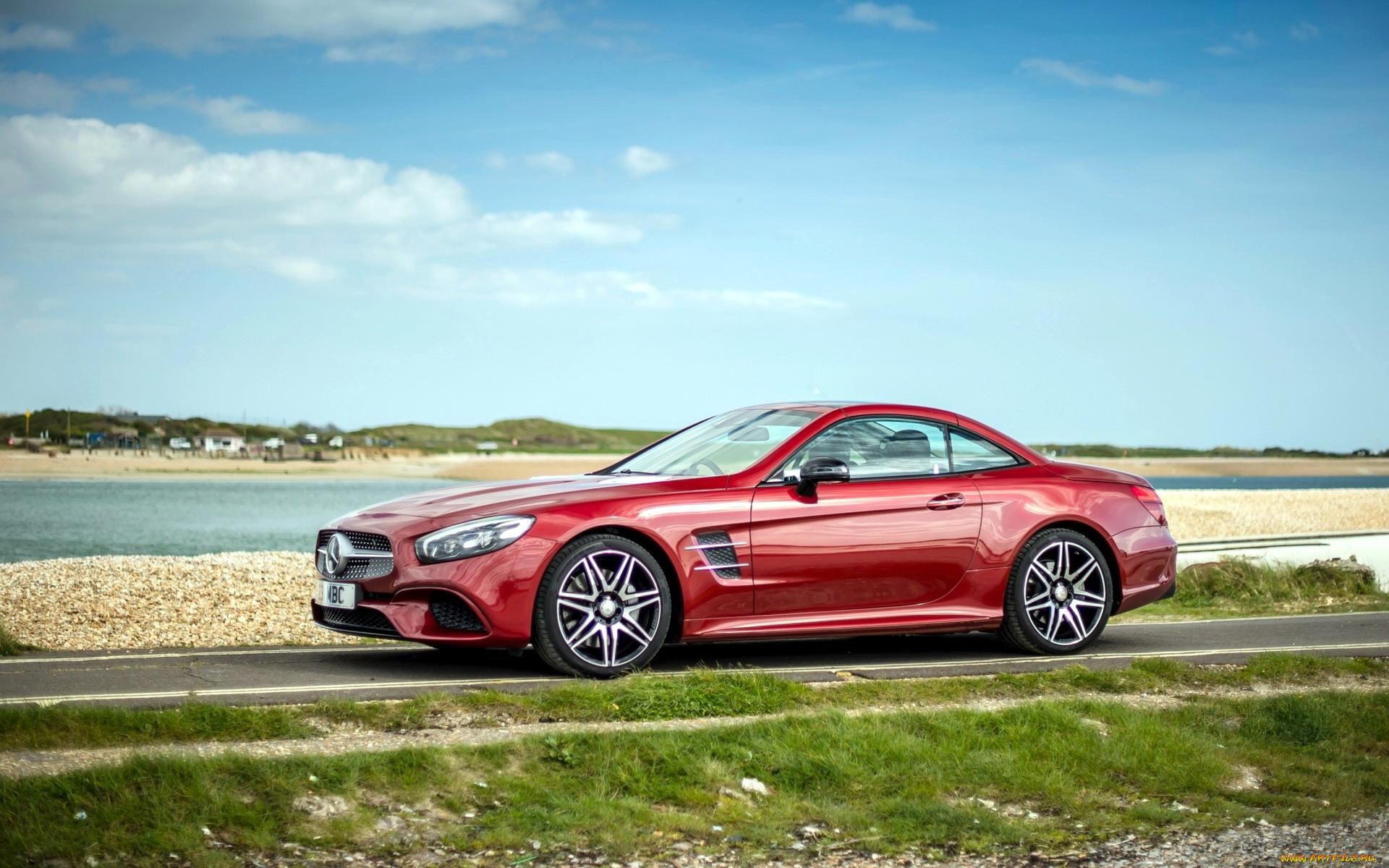 автомобили, mercedes-benz, дорога, озеро, красный, мерседес, трава