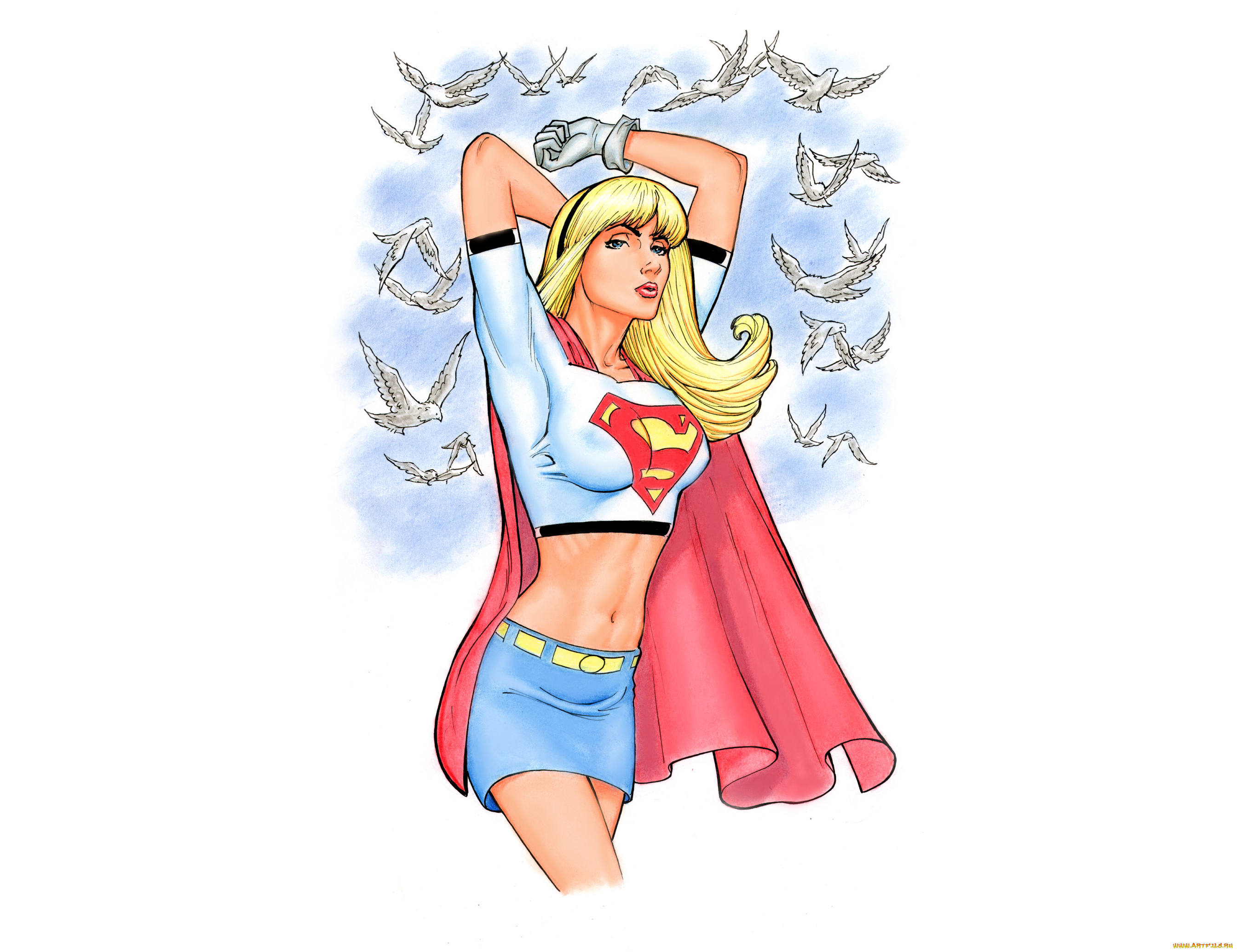 рисованное, комиксы, фон, девушка, взгляд, голубь, униформа