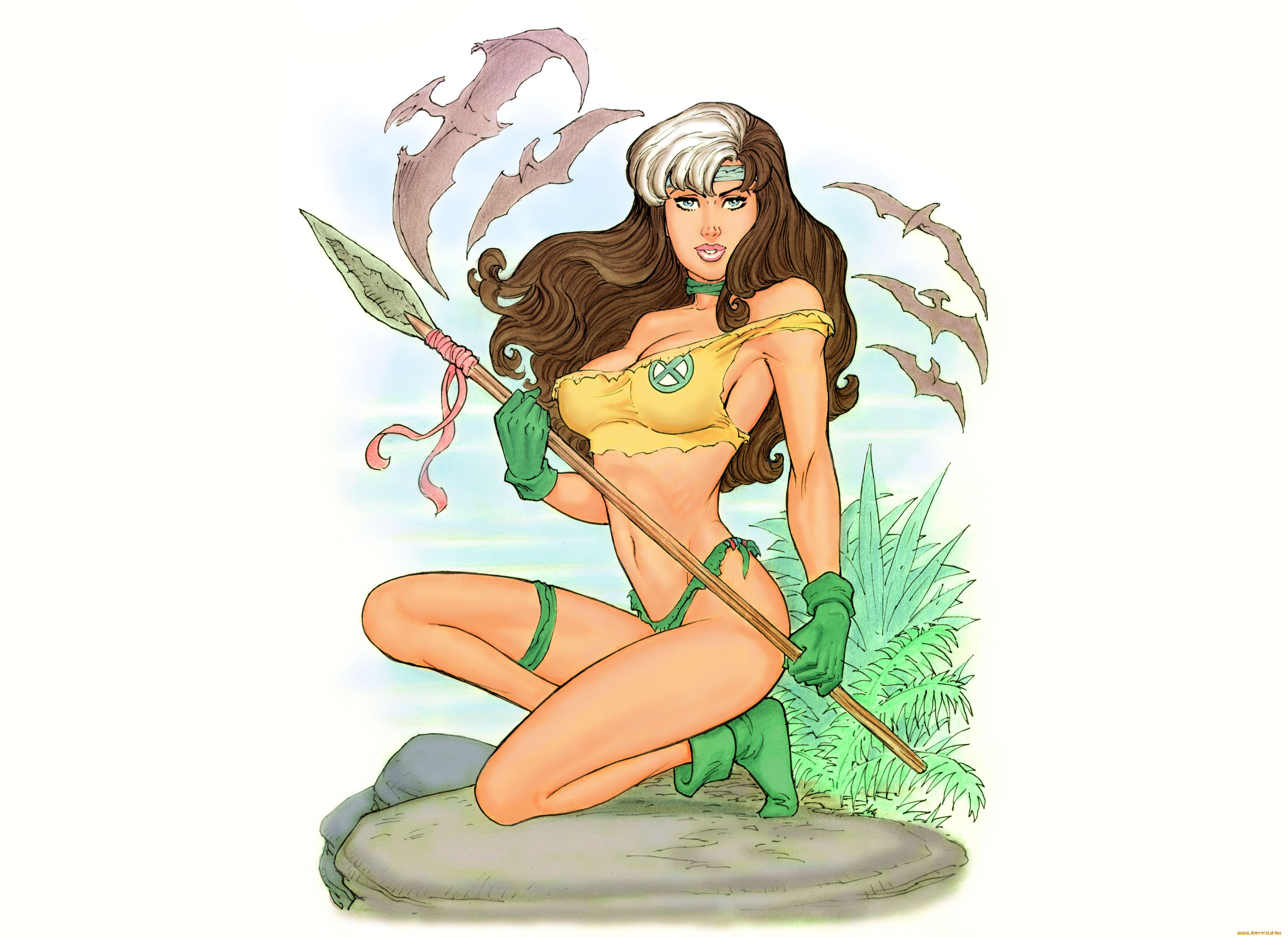 рисованное, комиксы, копьё, девушка, фон, взгляд