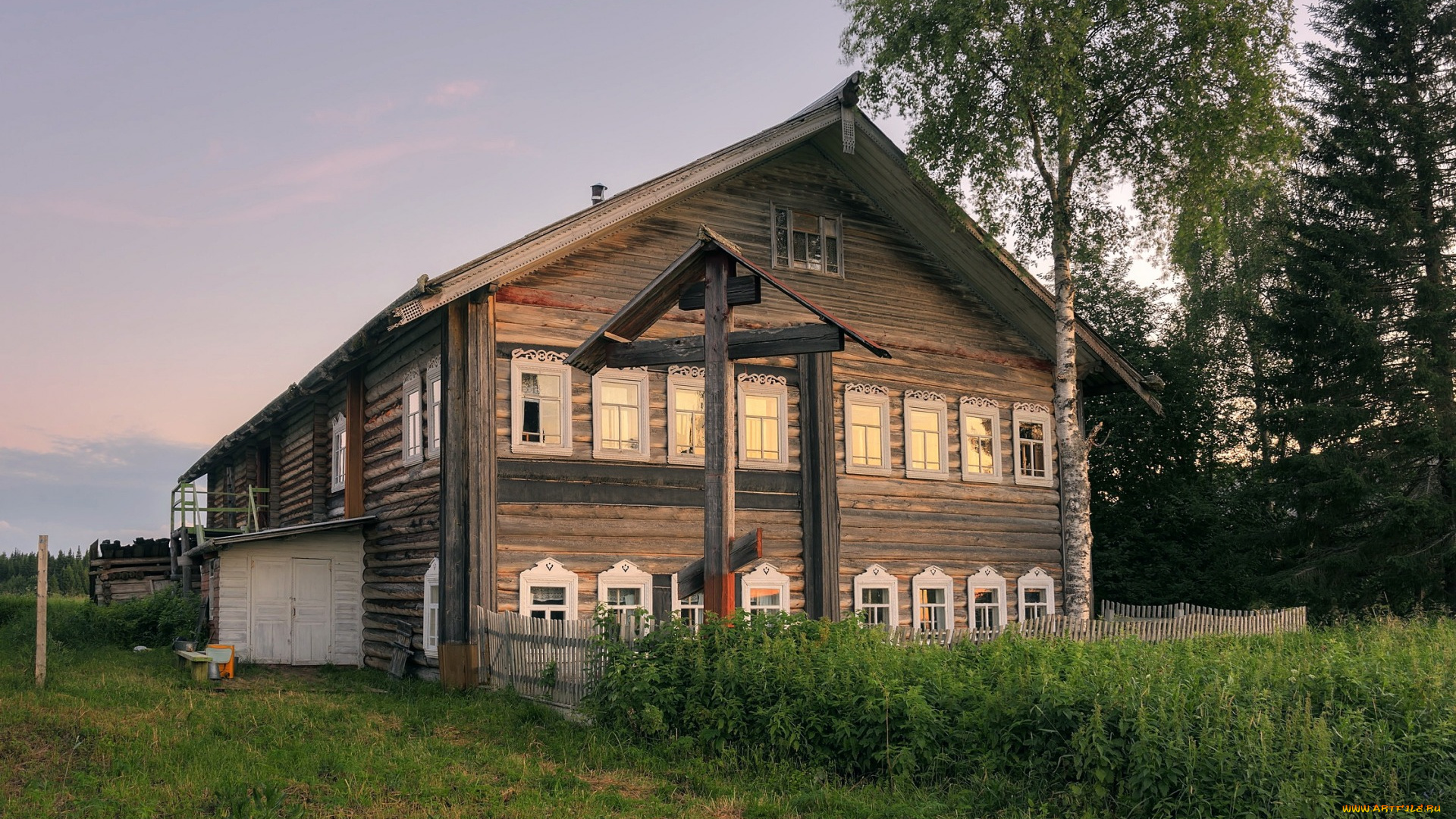 города, -, здания, , дома, печище, вечер, лето, архангельская, область, деревня
