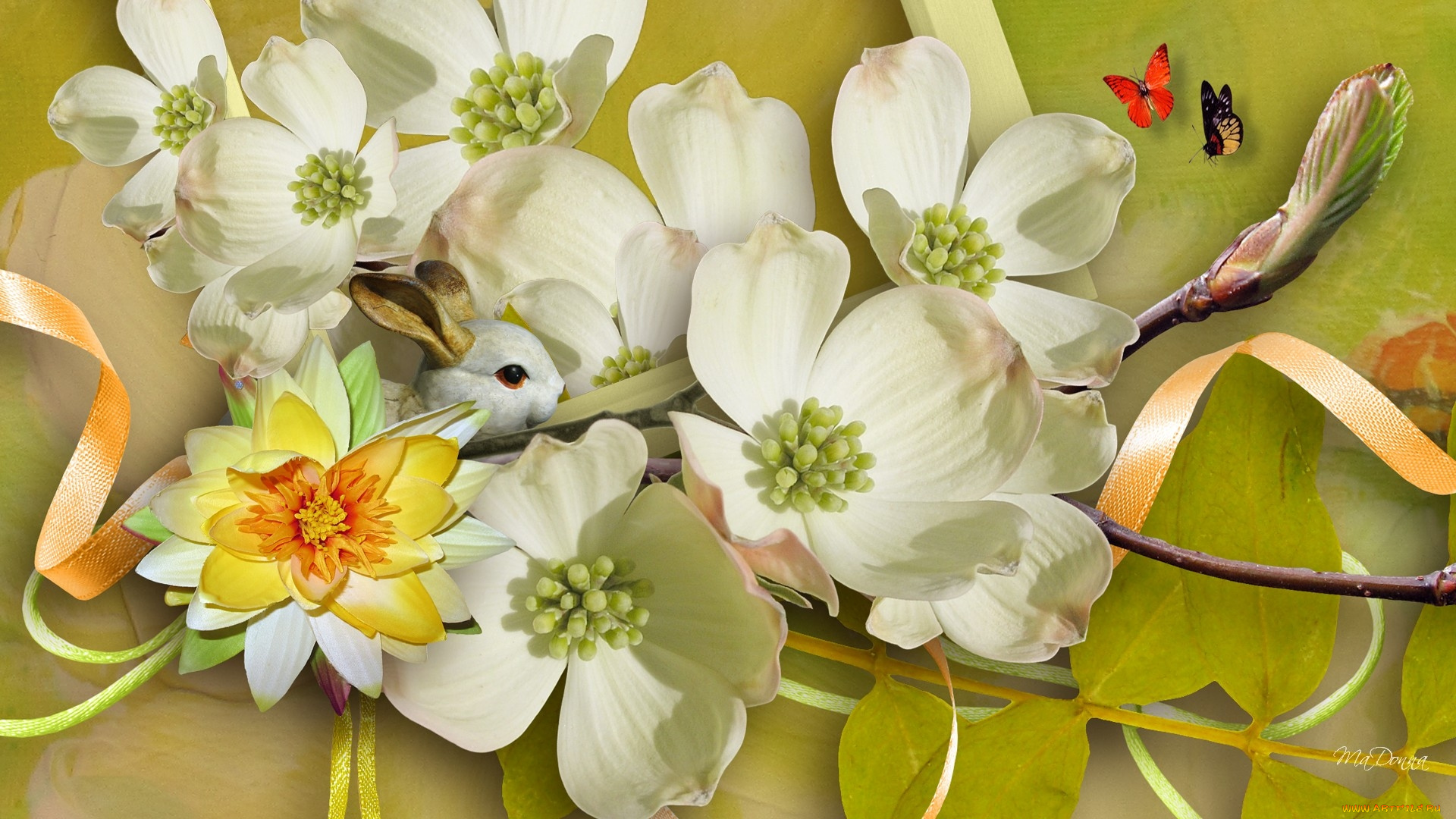 разное, компьютерный, дизайн, кролик, бабочки, цветы