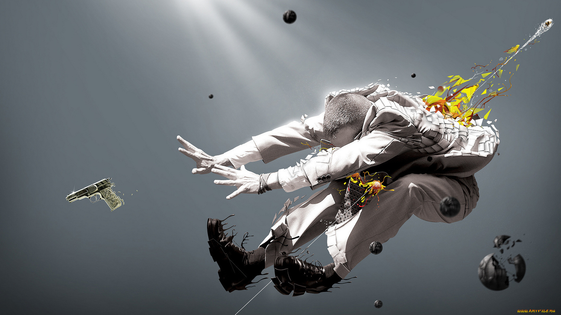 разное, компьютерный, дизайн, прыжок, пистолет, костюм, мужчина