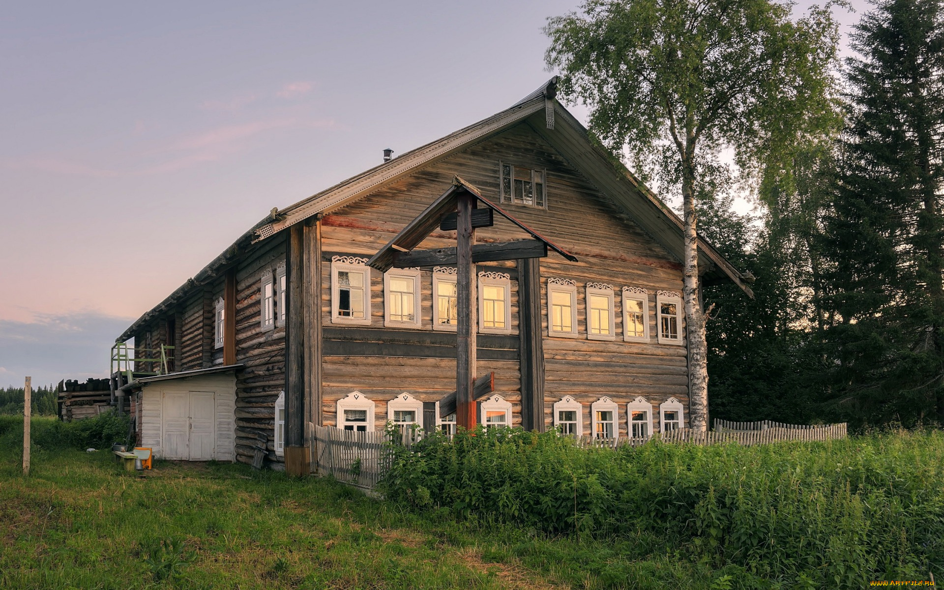 города, -, здания, , дома, печище, вечер, лето, архангельская, область, деревня