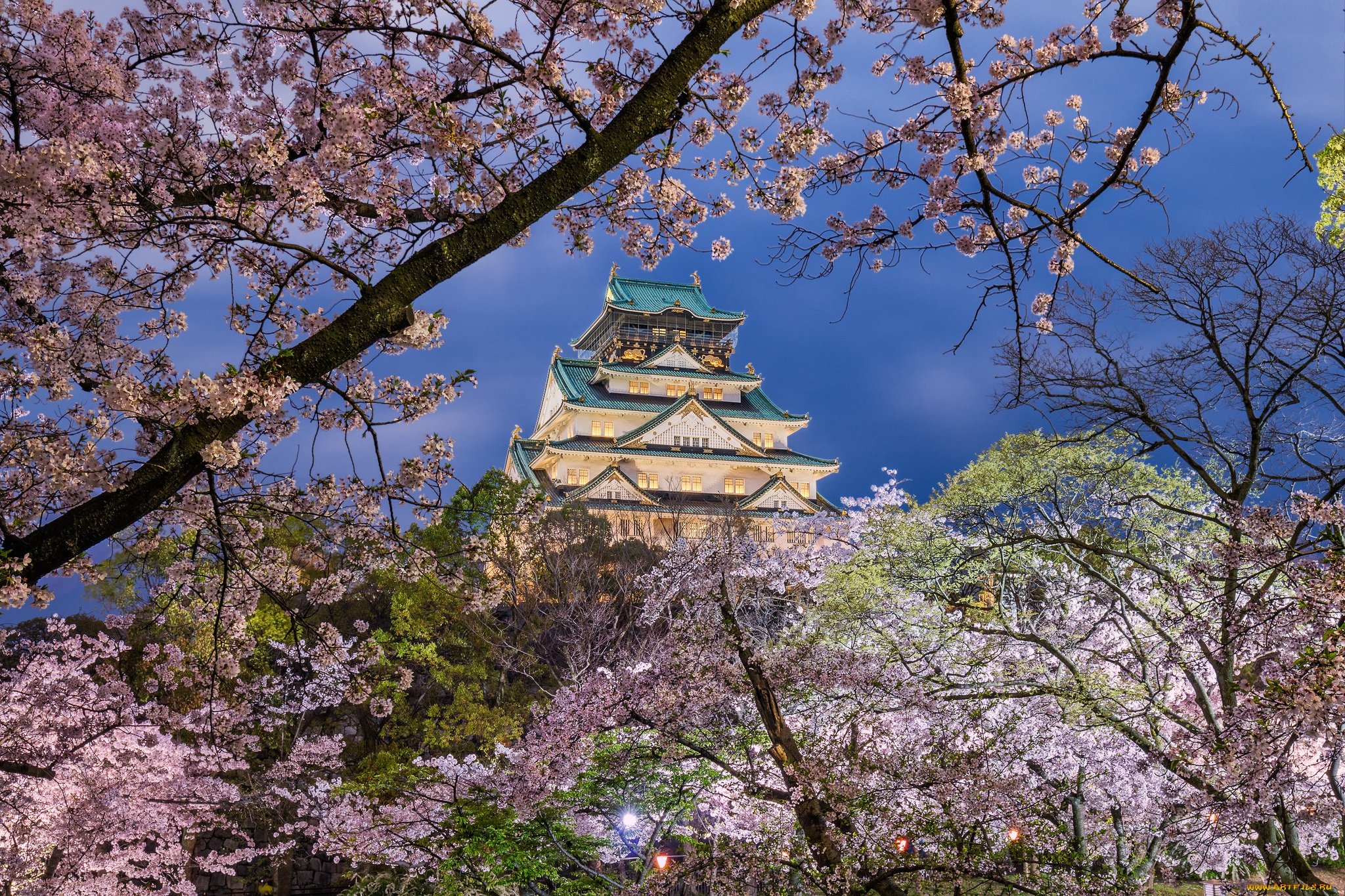 osaka, castle, города, замки, Японии, парк, замок