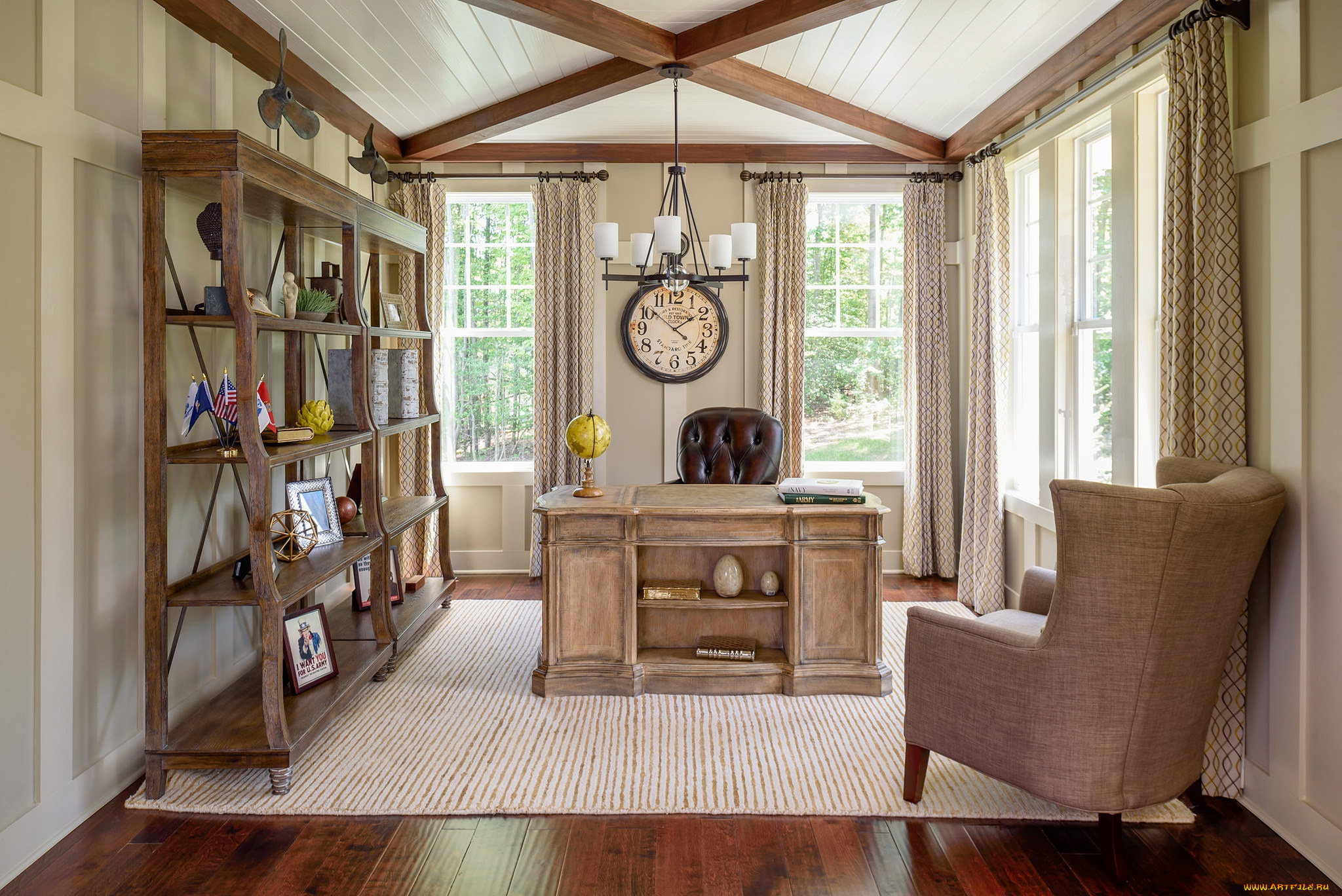 интерьер, кабинет, , библиотека, , офис, книги, часы, стеллаж, стол, кресло